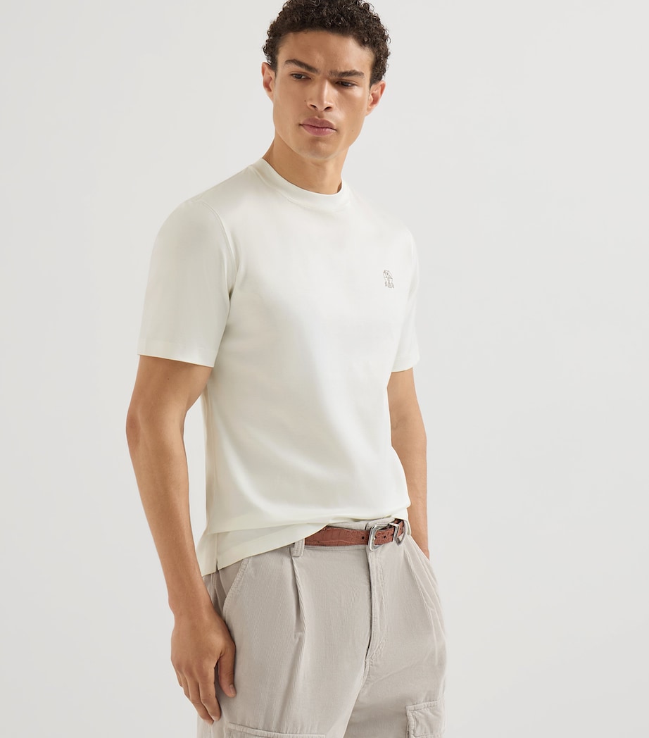Brunello Cucinelli Mens Cotton Logo T-Shirt White+brown Image 2