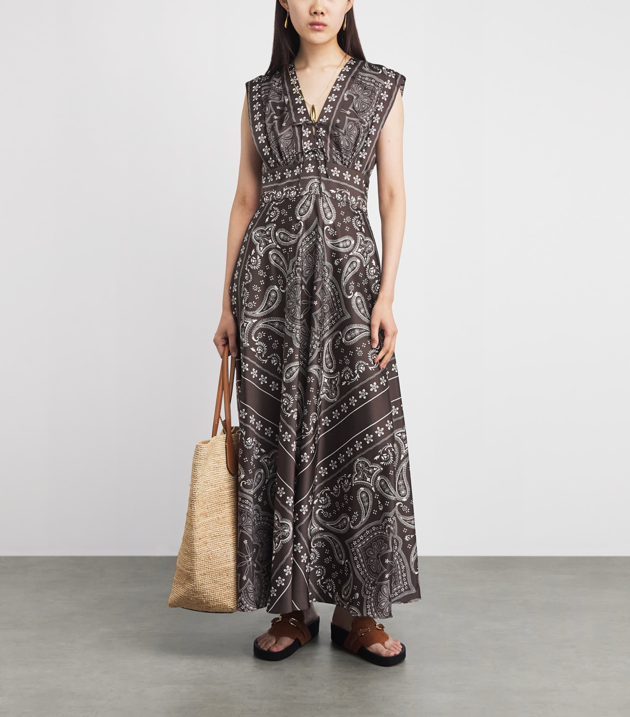 Sandro Paris Womens Satin Bandana Sleeveless Maxi Dress Taupe / White Image 2