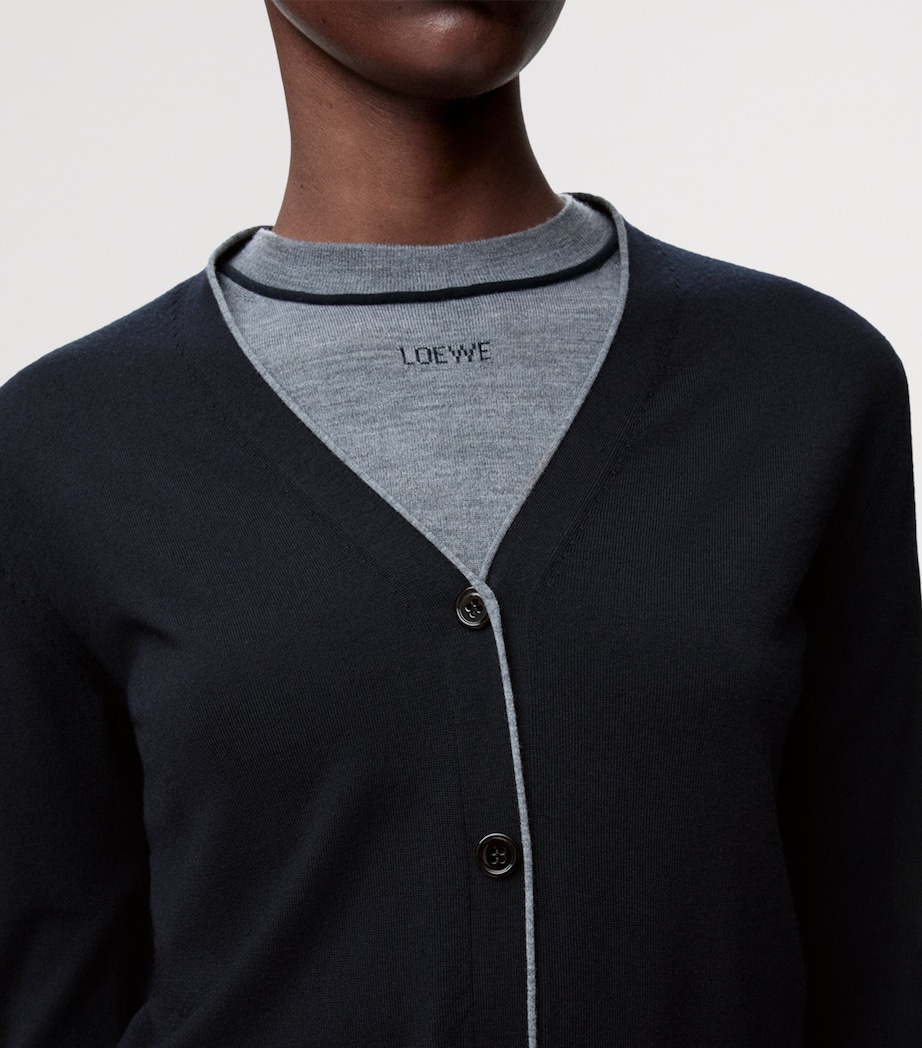 LOEWE Womens Wool V-Neck Cardigan Navy Blue/grey Image 5