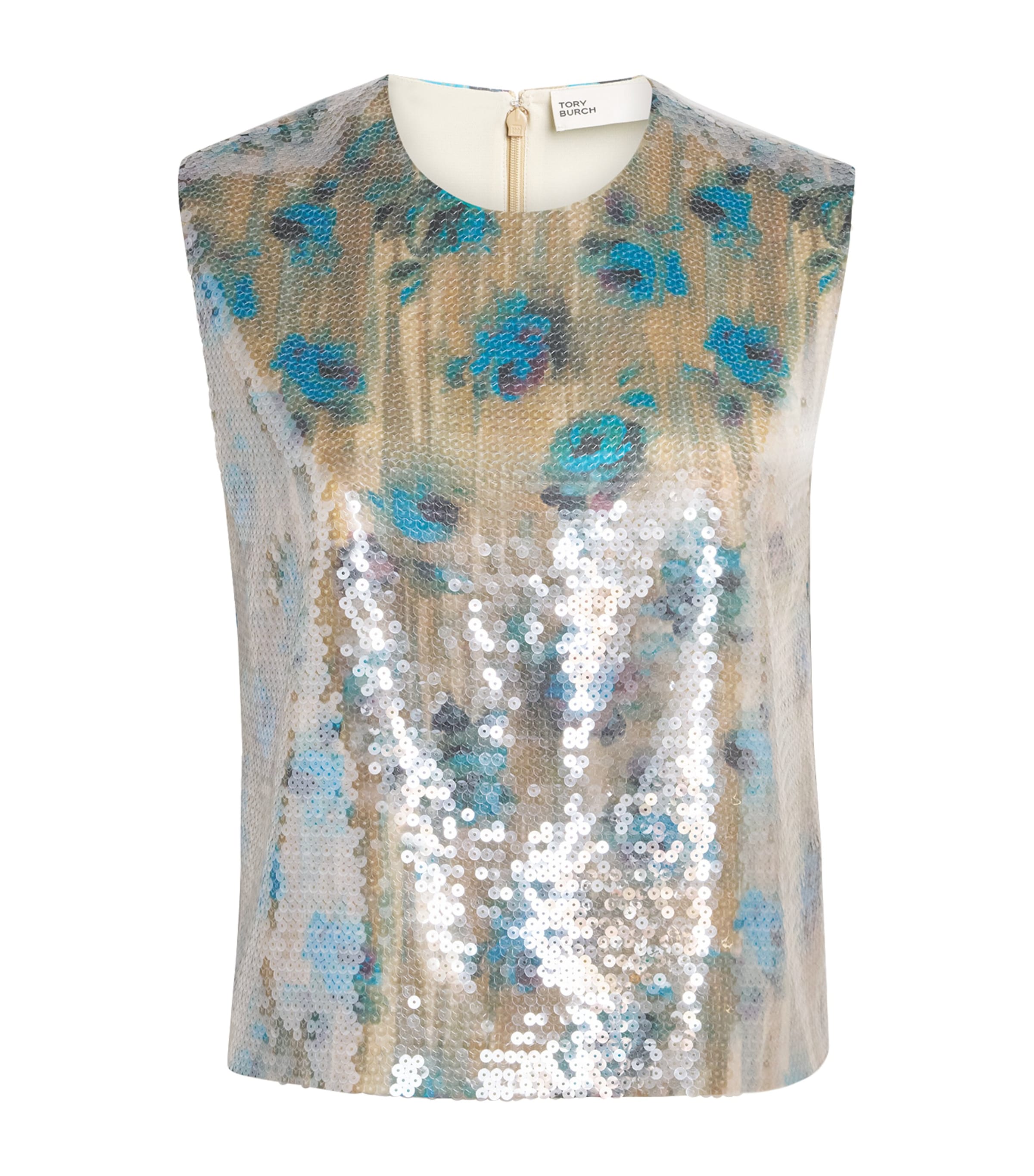 Tory Burch Womens Sequin Shell Top Blue Roses Image 1