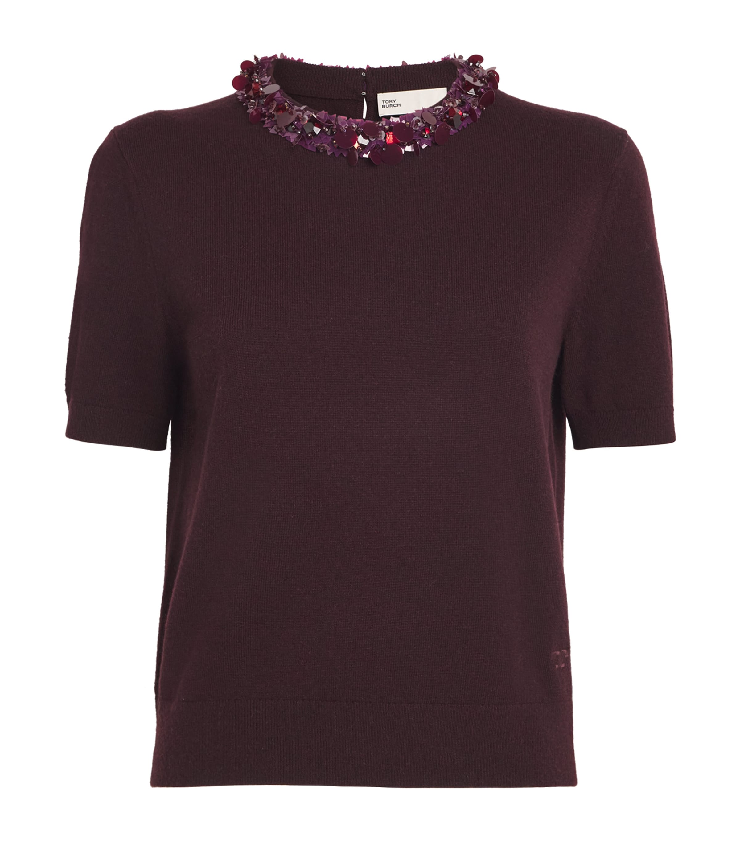 Tory Burch Wool And Sequin Short-sleeved Sweater In Brown