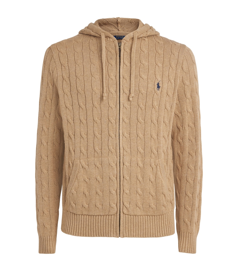 Polo Ralph Lauren Mens Cotton Cable-Knit Zip-Up Hoodie Camel Melange Image 1