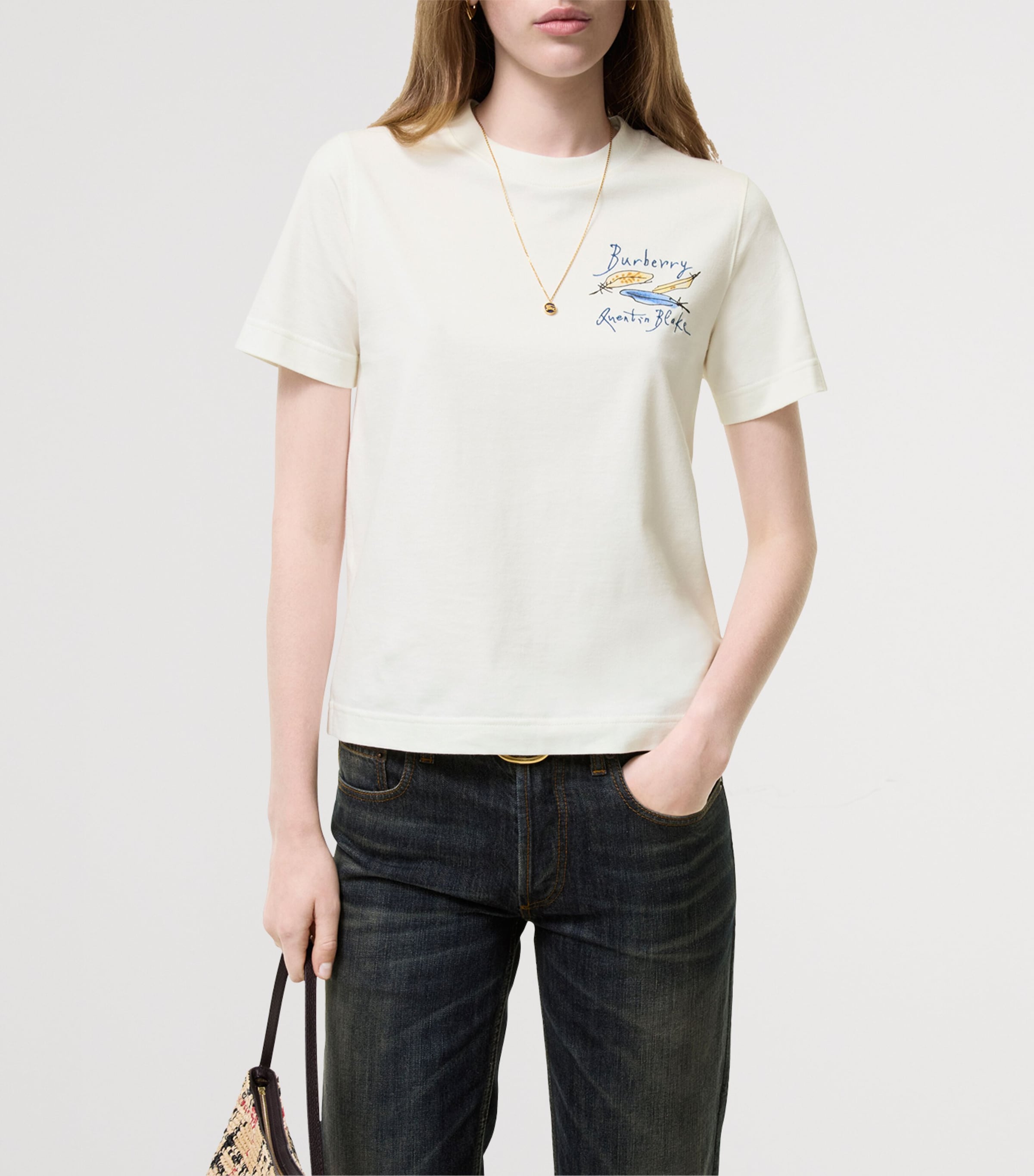 Burberry Womens Cotton Feather Print Shirt Chalk Image 2