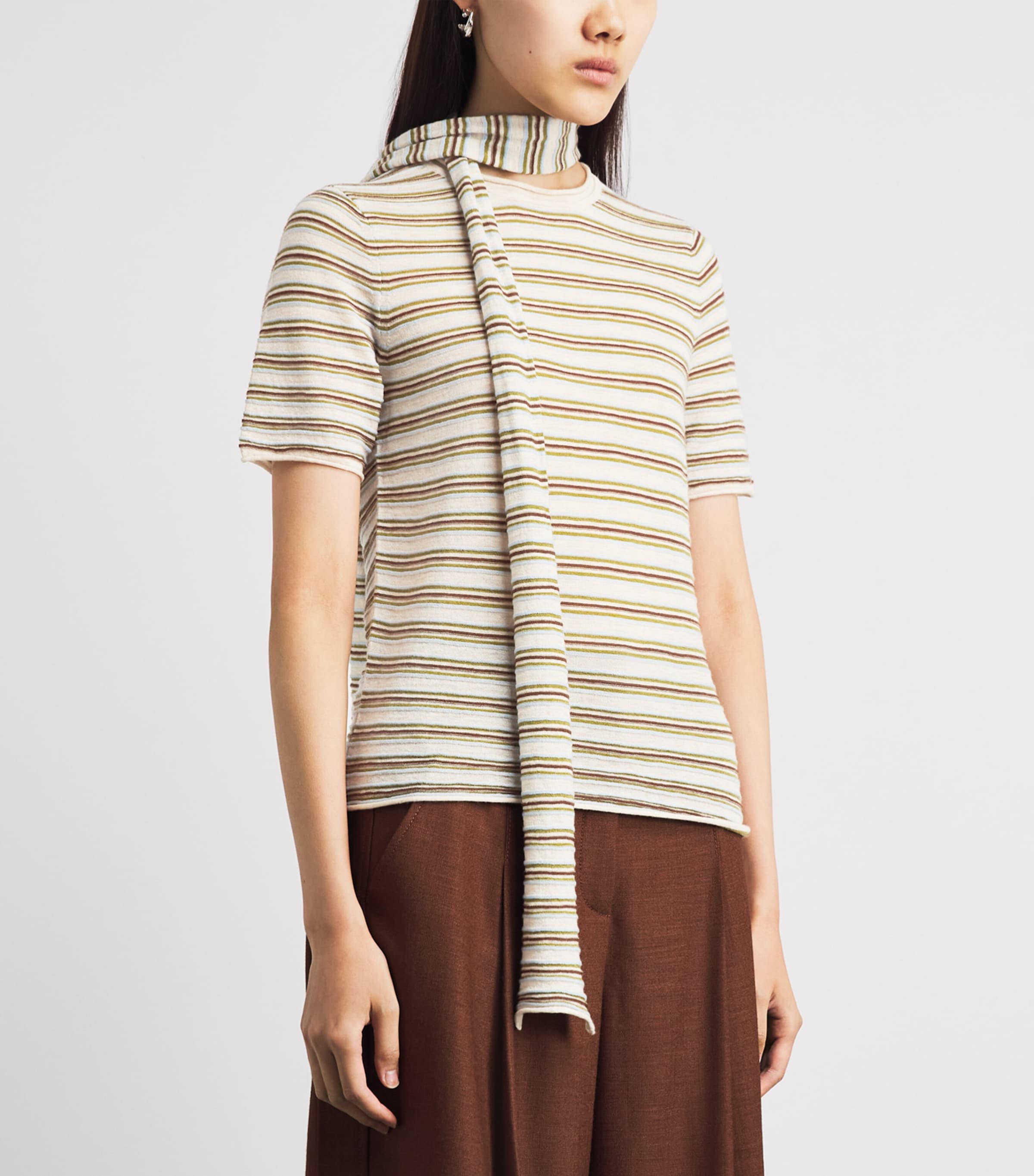 ME+EM Womens Wool-Cashmere Stripe Barely There T-Shirt Oatmeal Multi Image 4