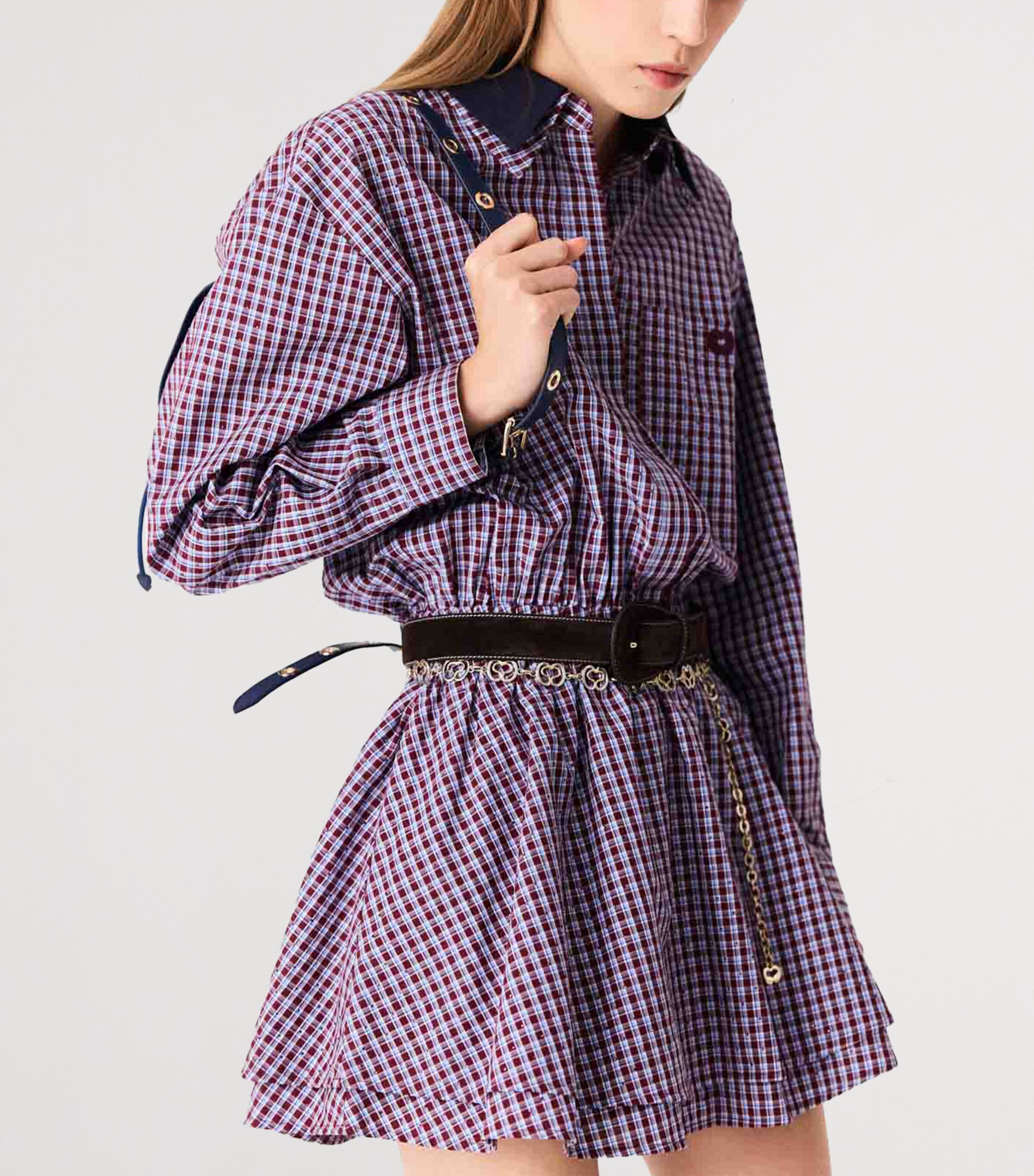 Maje Womens Cotton Check Mini Shirt Dress Burgundy Image 6