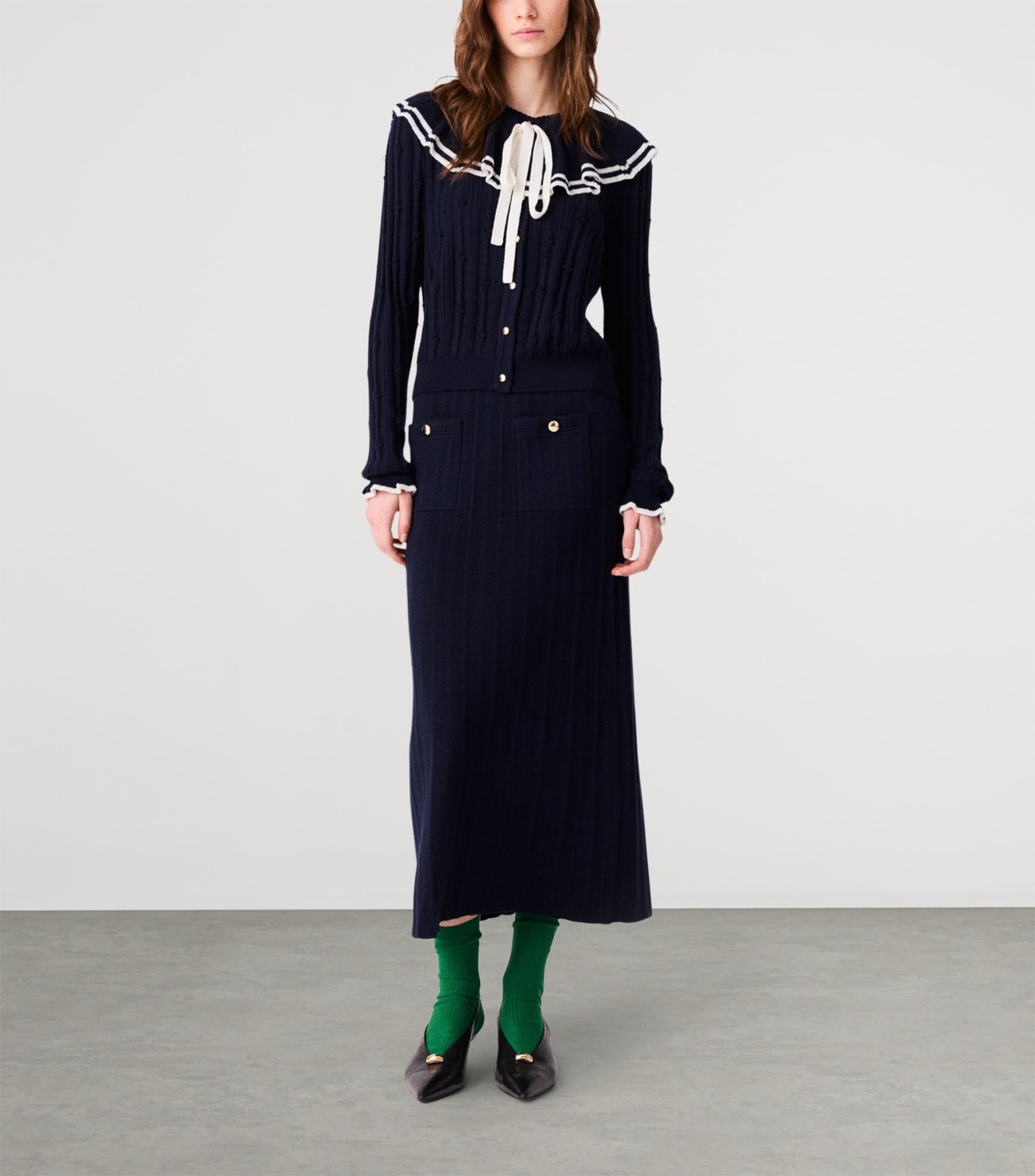 Maje Womens Knitted Ruffle-Collar Cardigan Navy Image 2