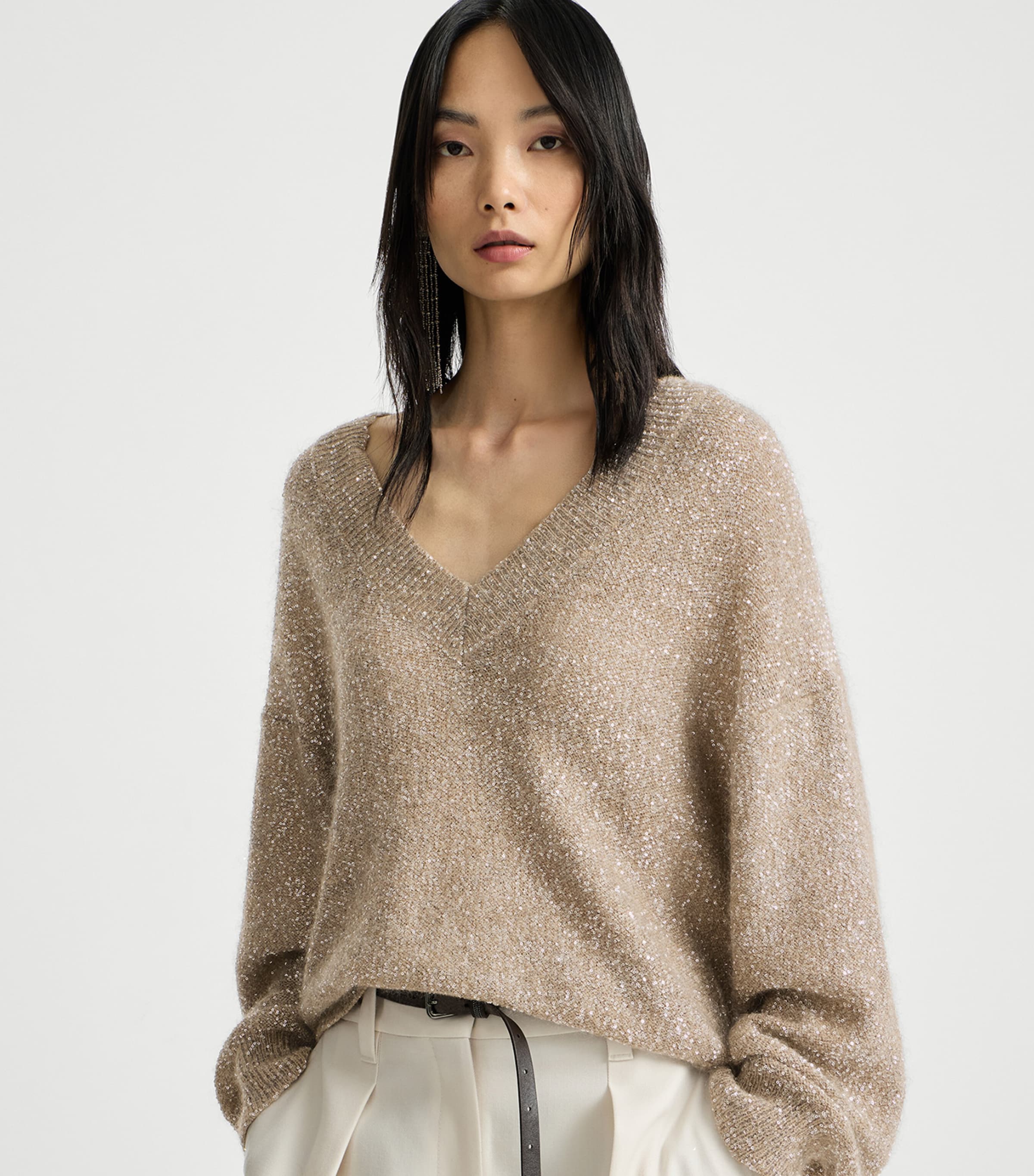 Brunello Cucinelli Womens Sparkling V-Neck Sweater Brown Image 4