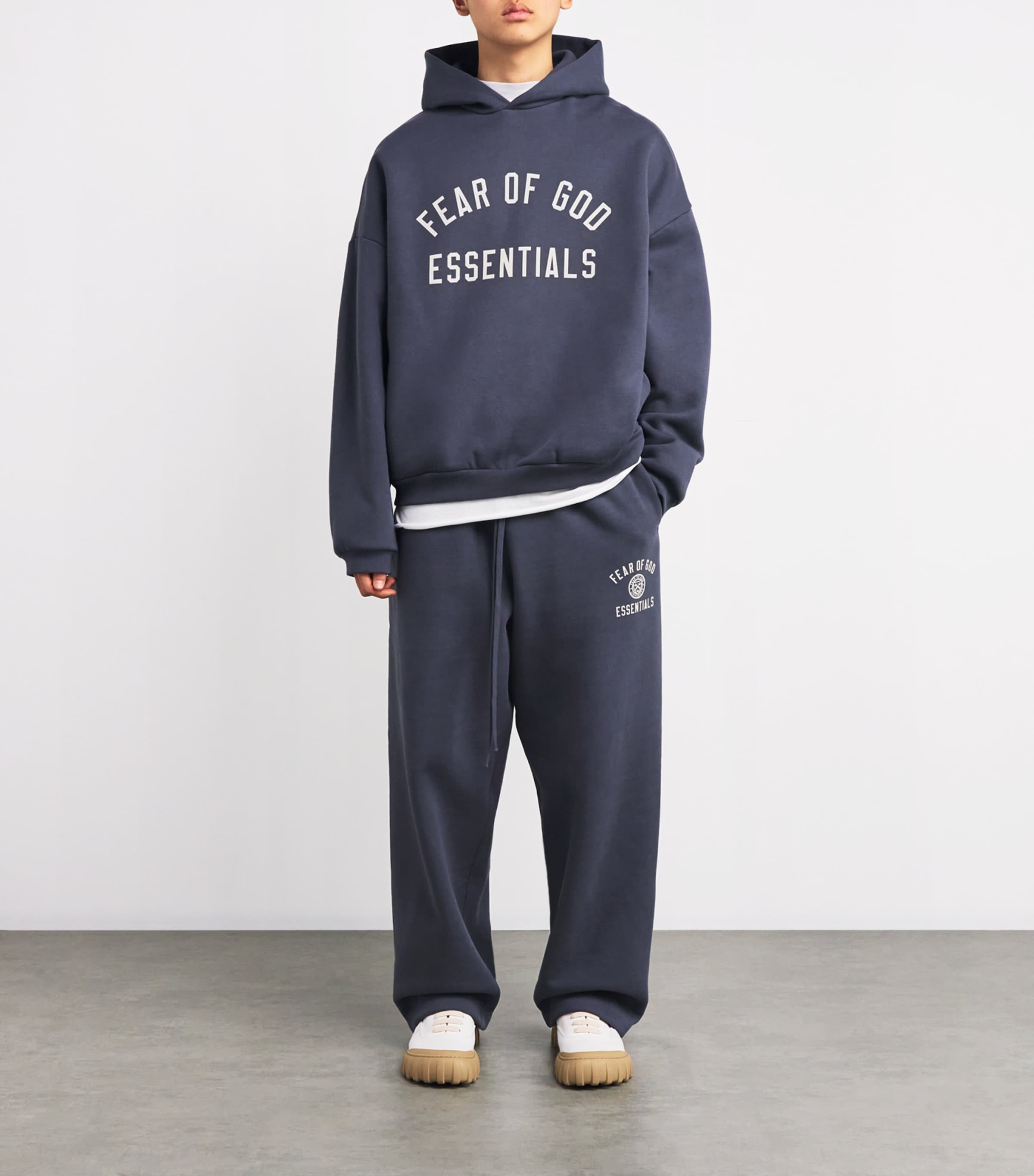 FEAR OF GOD ESSENTIALS Mens Cotton-Blend Logo Print Hoodie Marine Image 2