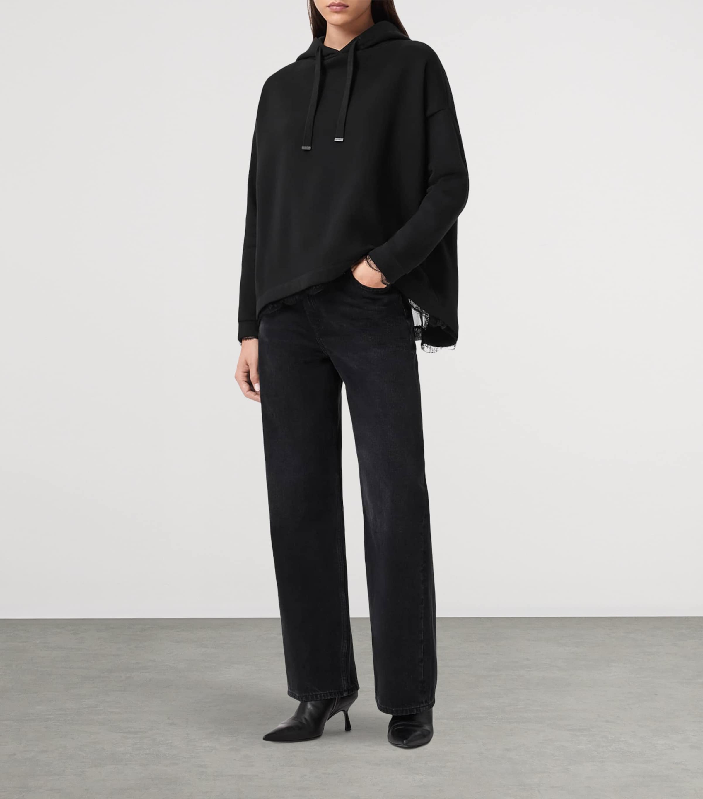 AllSaints Womens Lace-Trim Hoodie Black Image 2