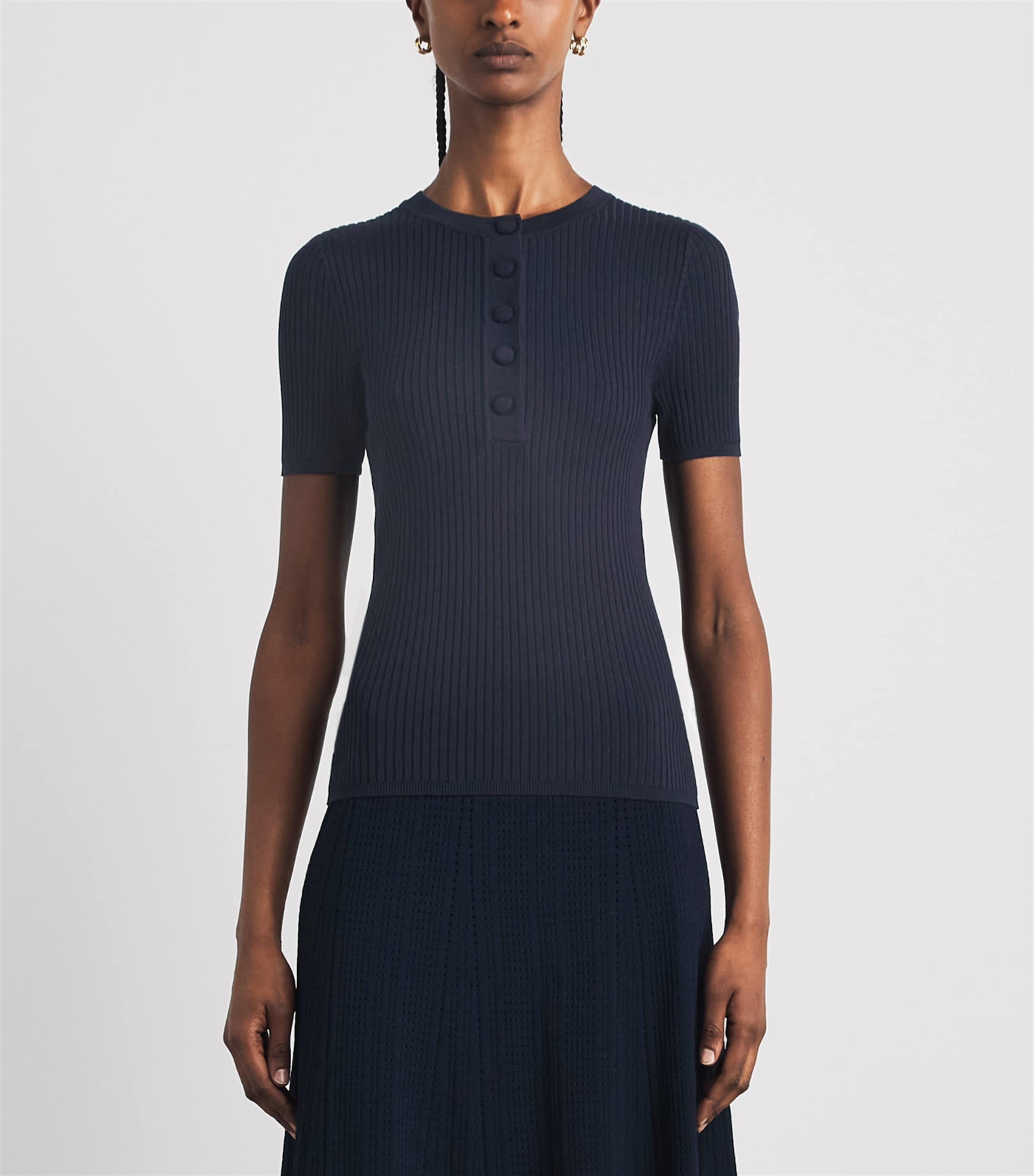 Sandro Paris Womens Rib-Knit Short-Sleeve Sweater Navy Blue Image 4