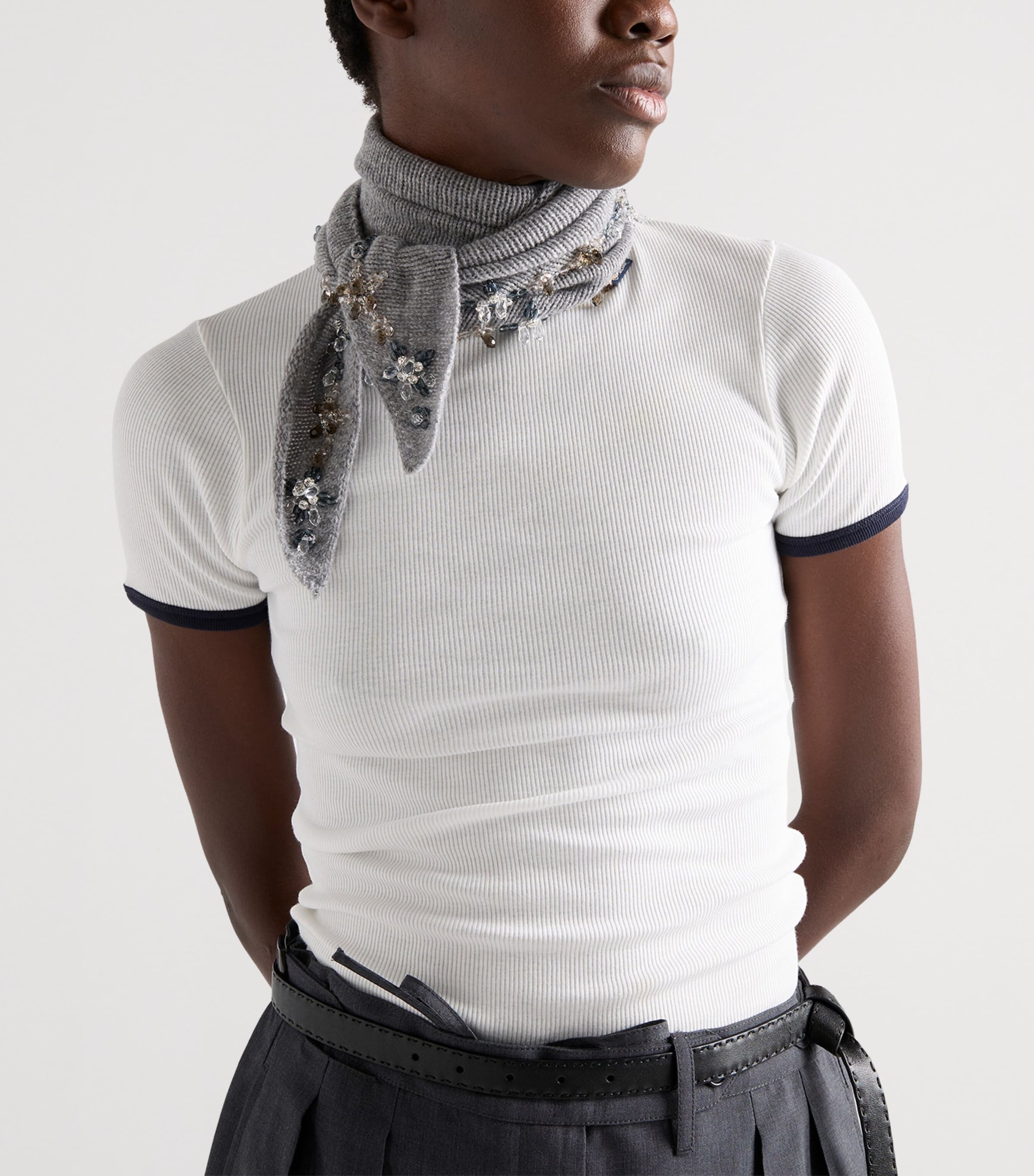 Prada Womens Contrast-Trim Ribbed T-Shirt White Image 3