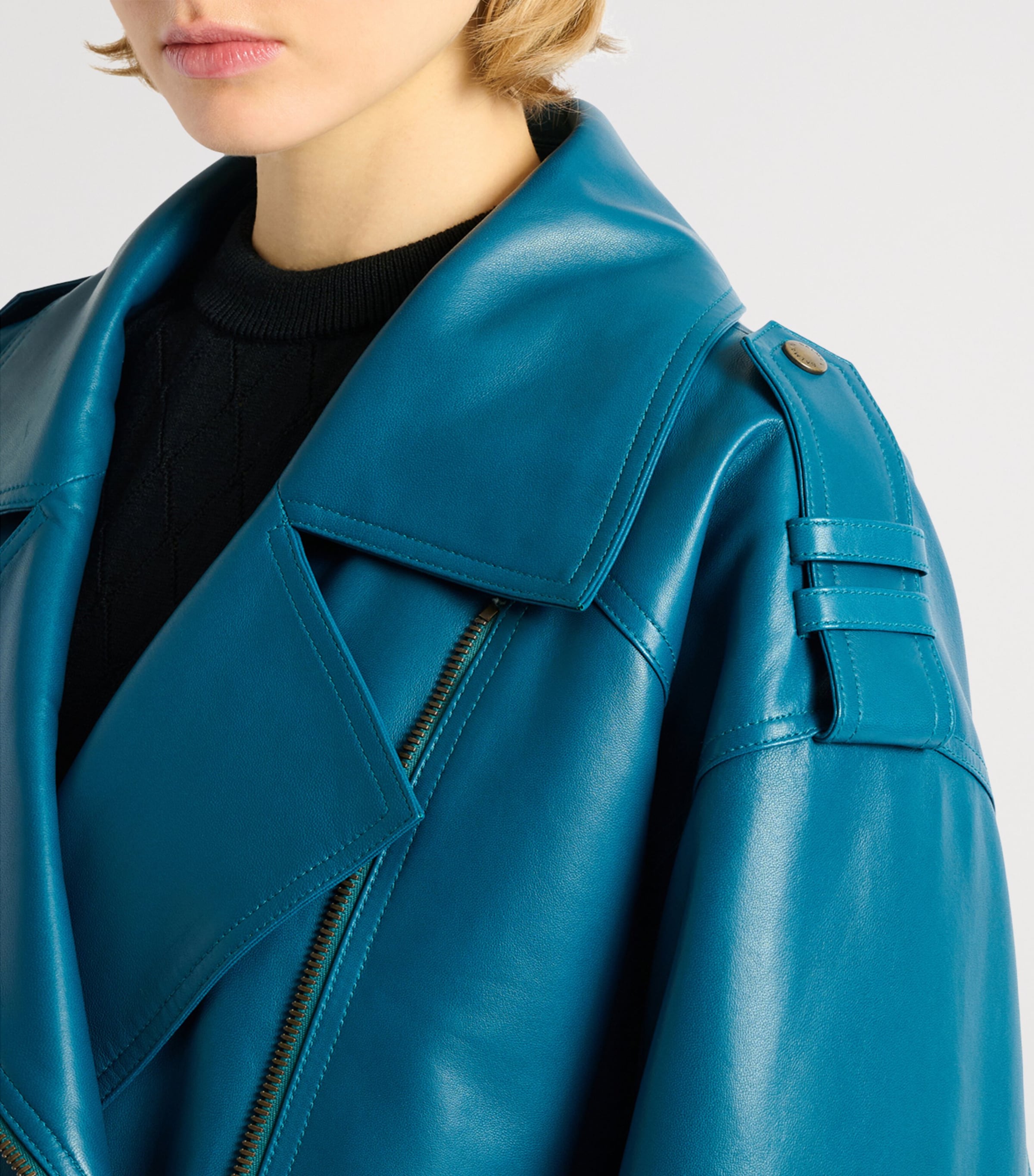 Balmain Womens Lambskin Biker Jacket Bleu Canard Image 7