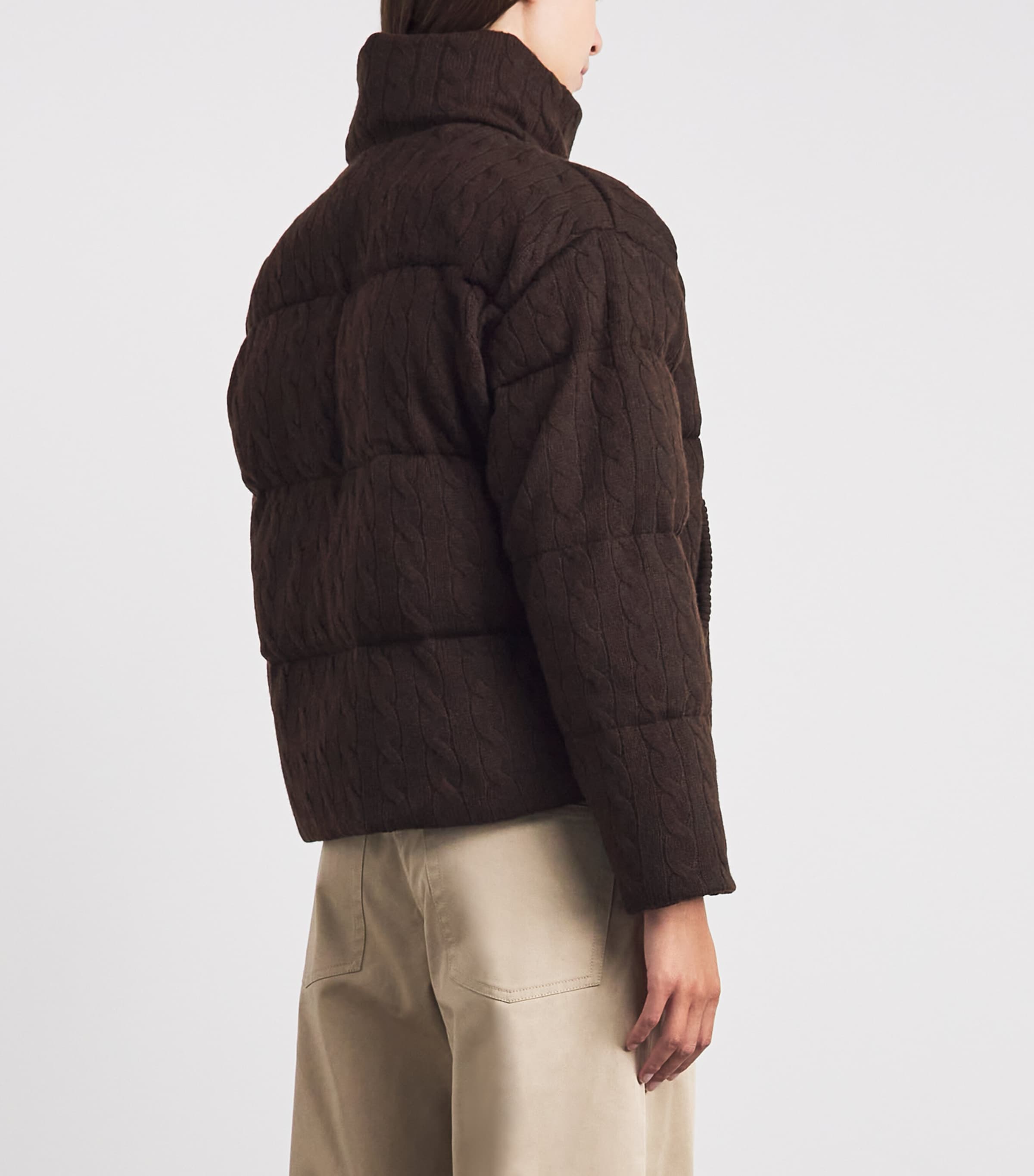 Polo Ralph Lauren Womens Wool-Cashmere Cable-Knit Puffer Jacket Walnut Brown Melange Image 5