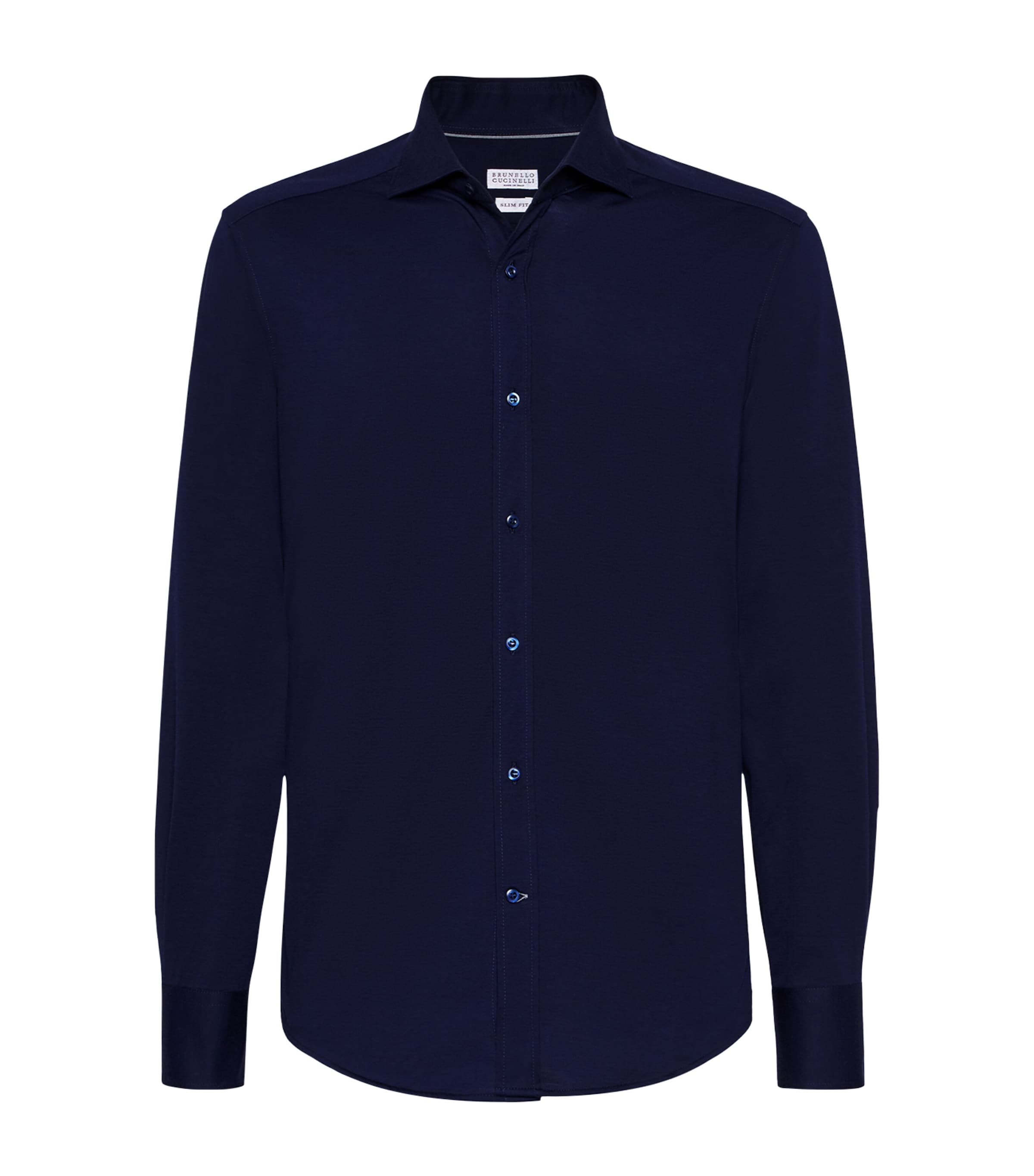 Brunello Cucinelli Men Silk And Cotton Jersey Shirt With Spread Collar In Blue