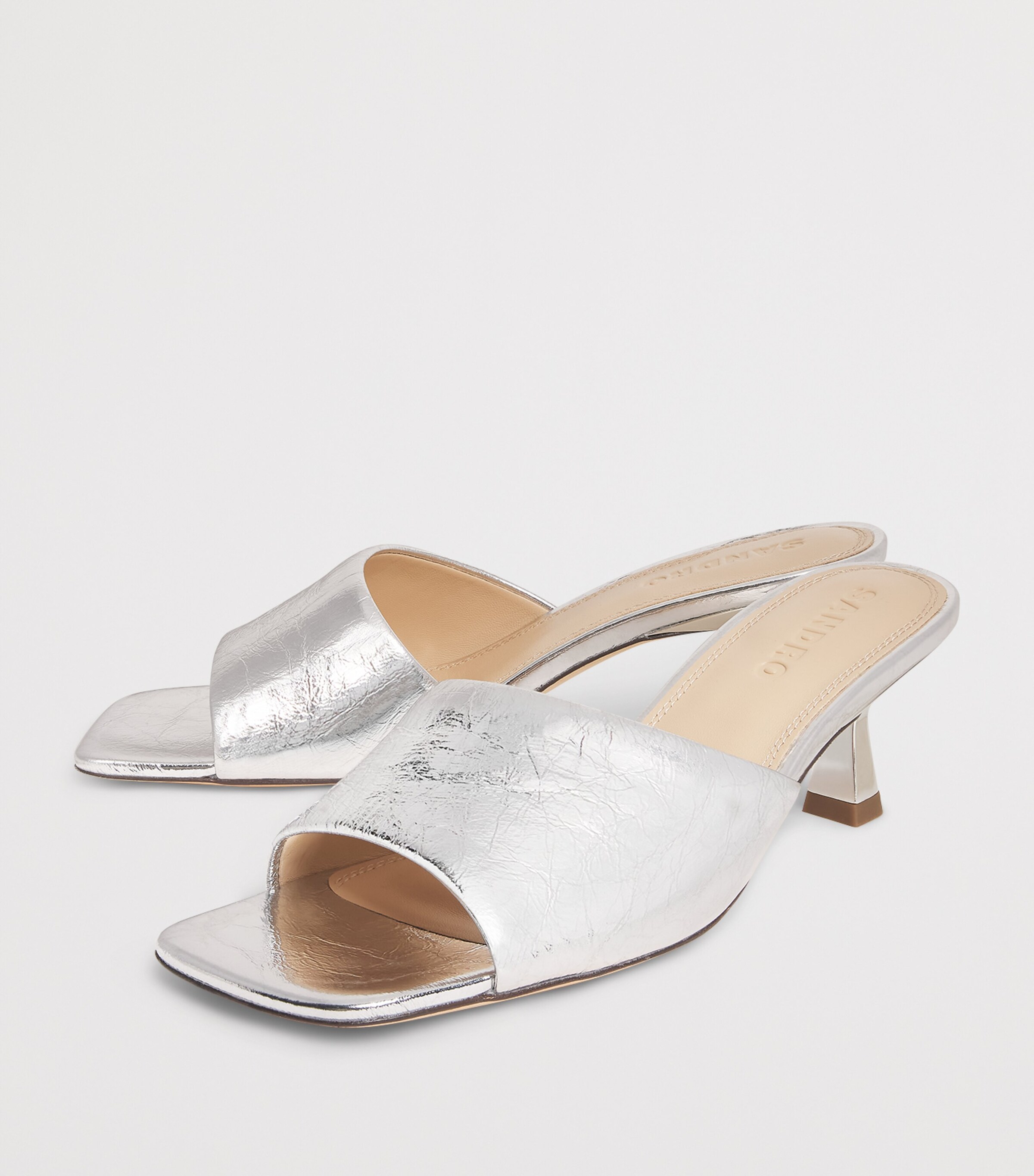 Sandro Paris Metallic Leather Heeled Mules 55 Silver Image 3