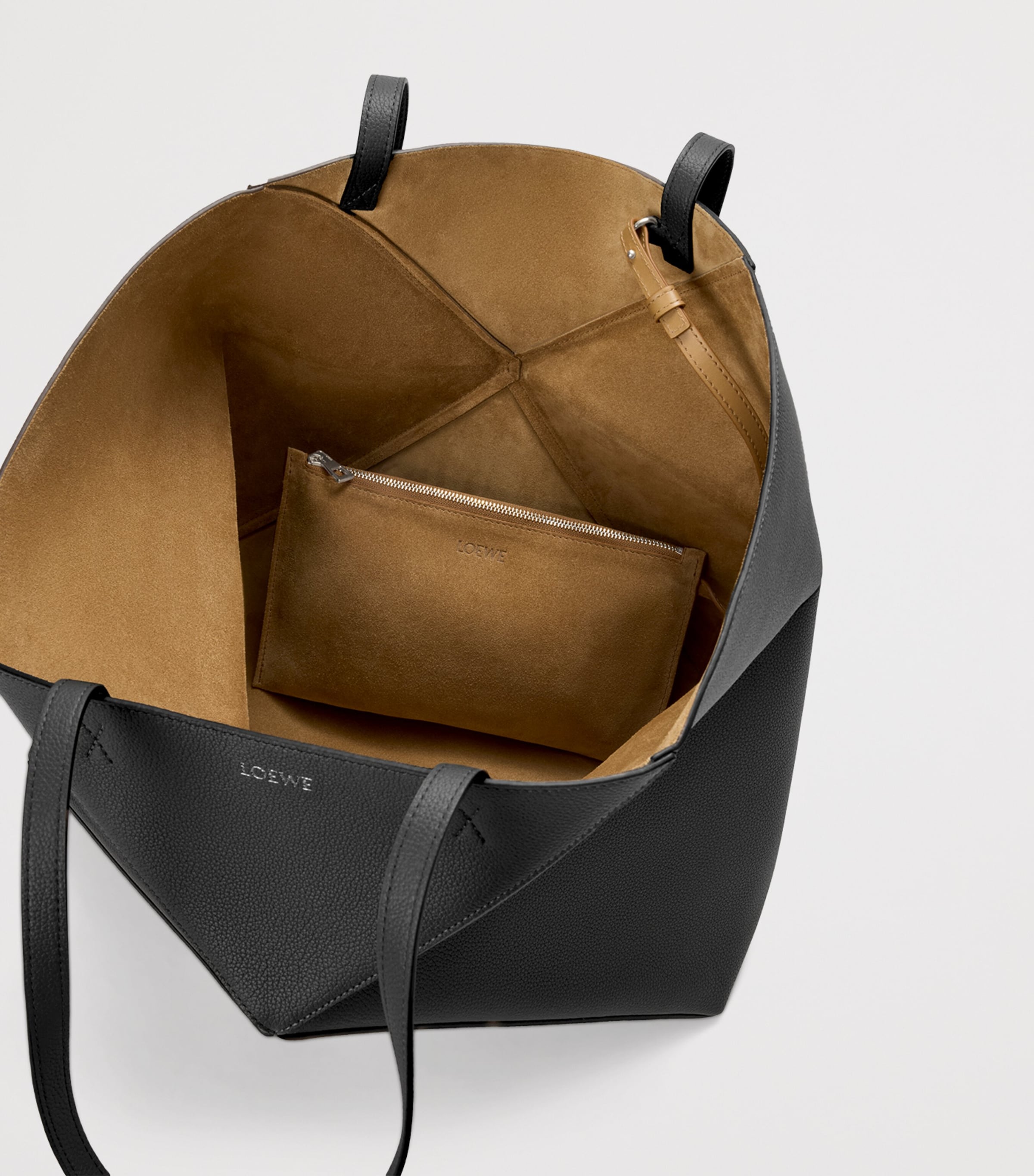 Large Leather Puzzle Fold Tote Bag BLACK Image 4