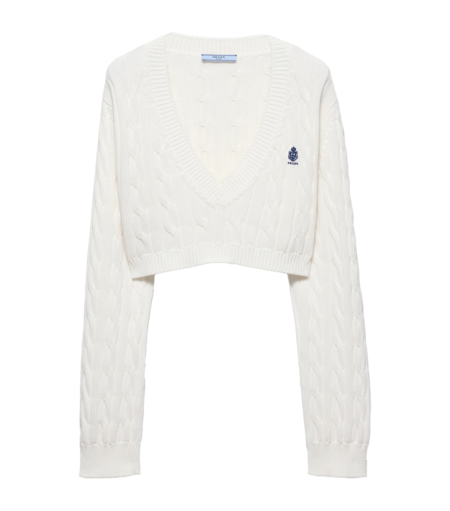 Prada Womens Cotton Cable-Knit Logo Sweater White Image 1