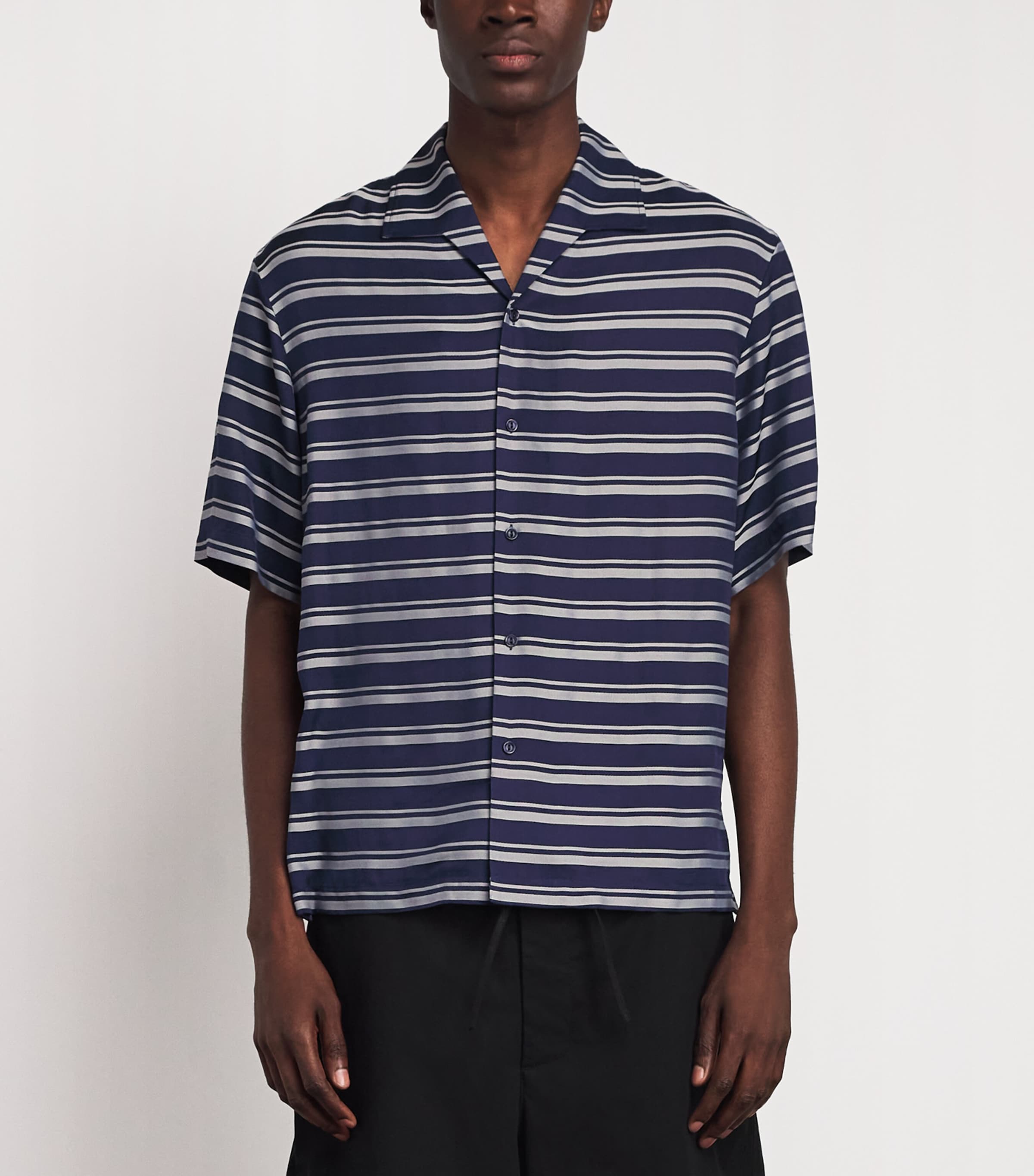 Sandro Paris Mens Stripe Short-Sleeve Shirt Navy Blue Image 4