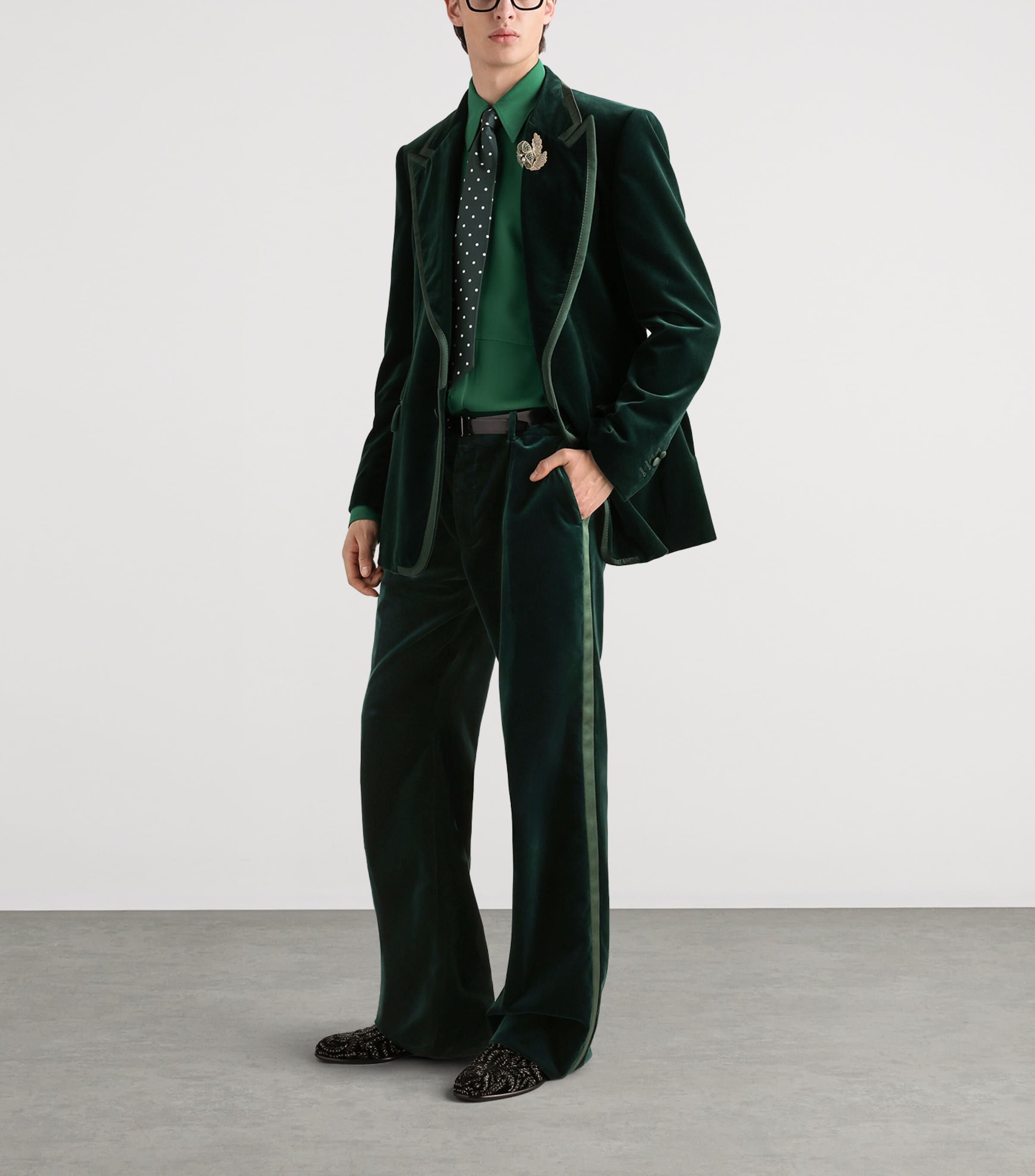 Dolce&Gabbana Mens Velvet Wide-Leg Trousers Dark Green Image 2