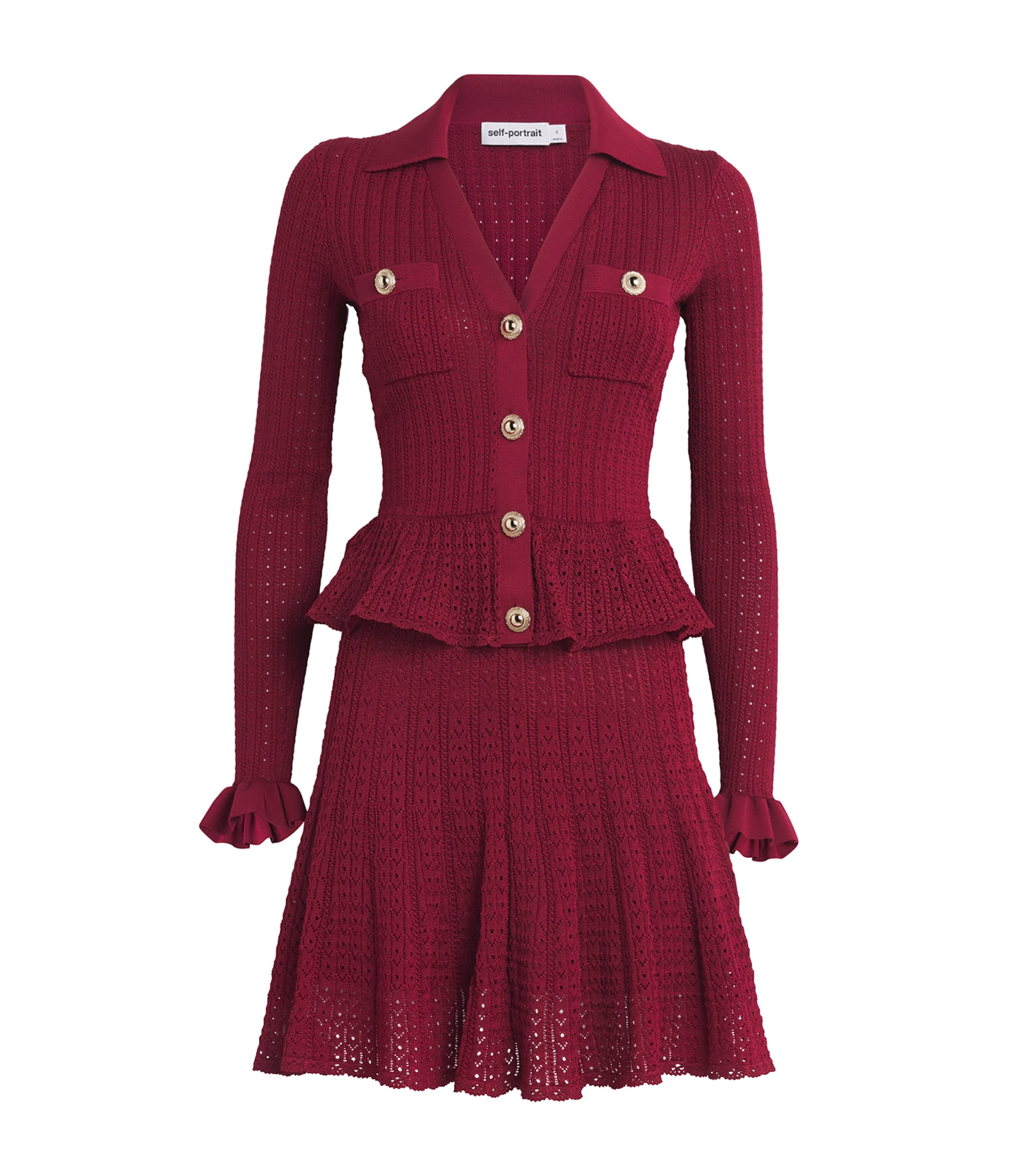 Self-portrait Burgundy Mini Dress With V-neck And Flared Hem In Burgundy