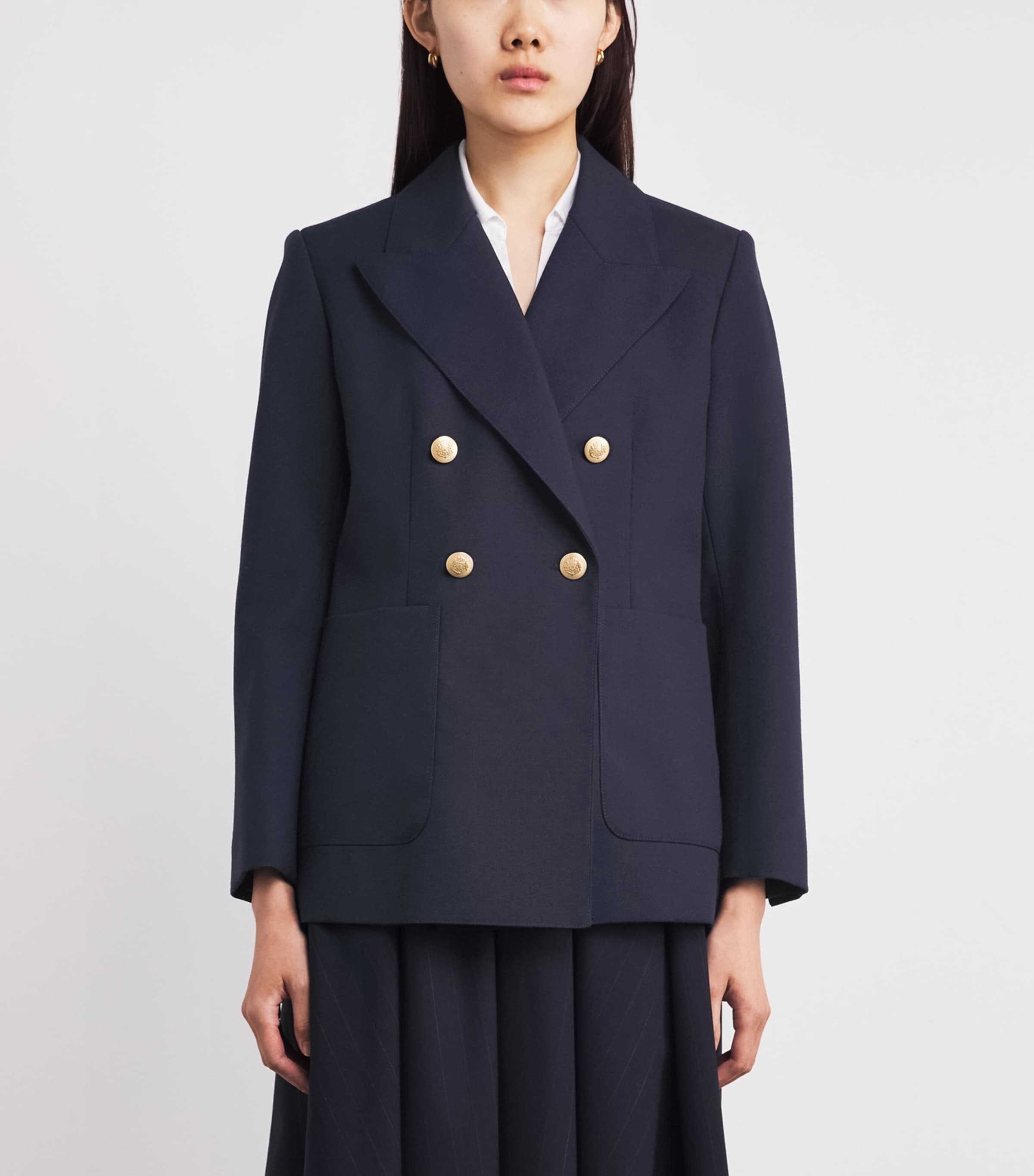 Virgin Wool-Cotton Double-Breasted Slim Blazer NAVY BLUE Image 3