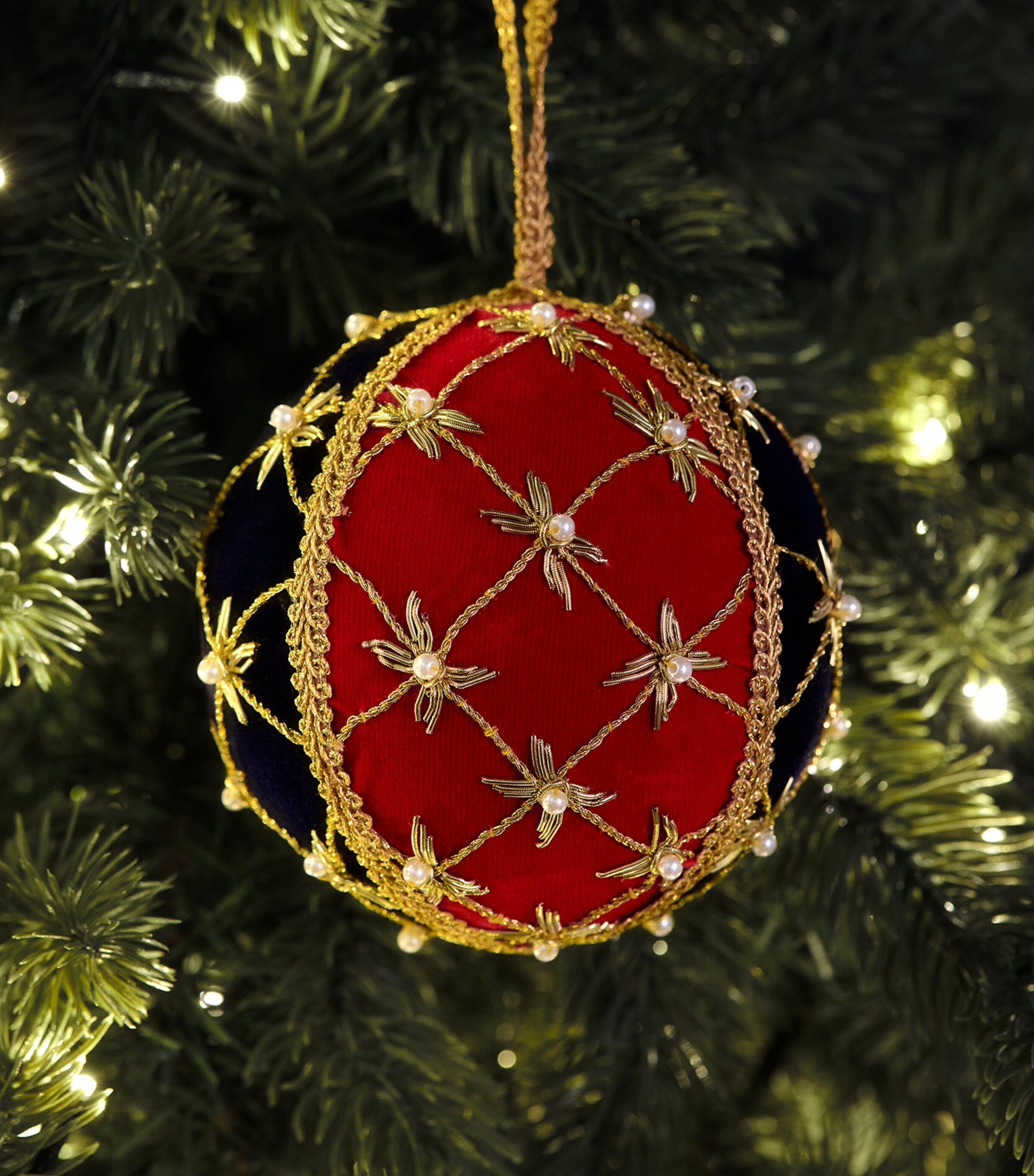 Harrods Velvet Embroidered-Star Bauble Red/blue/gold Image 3