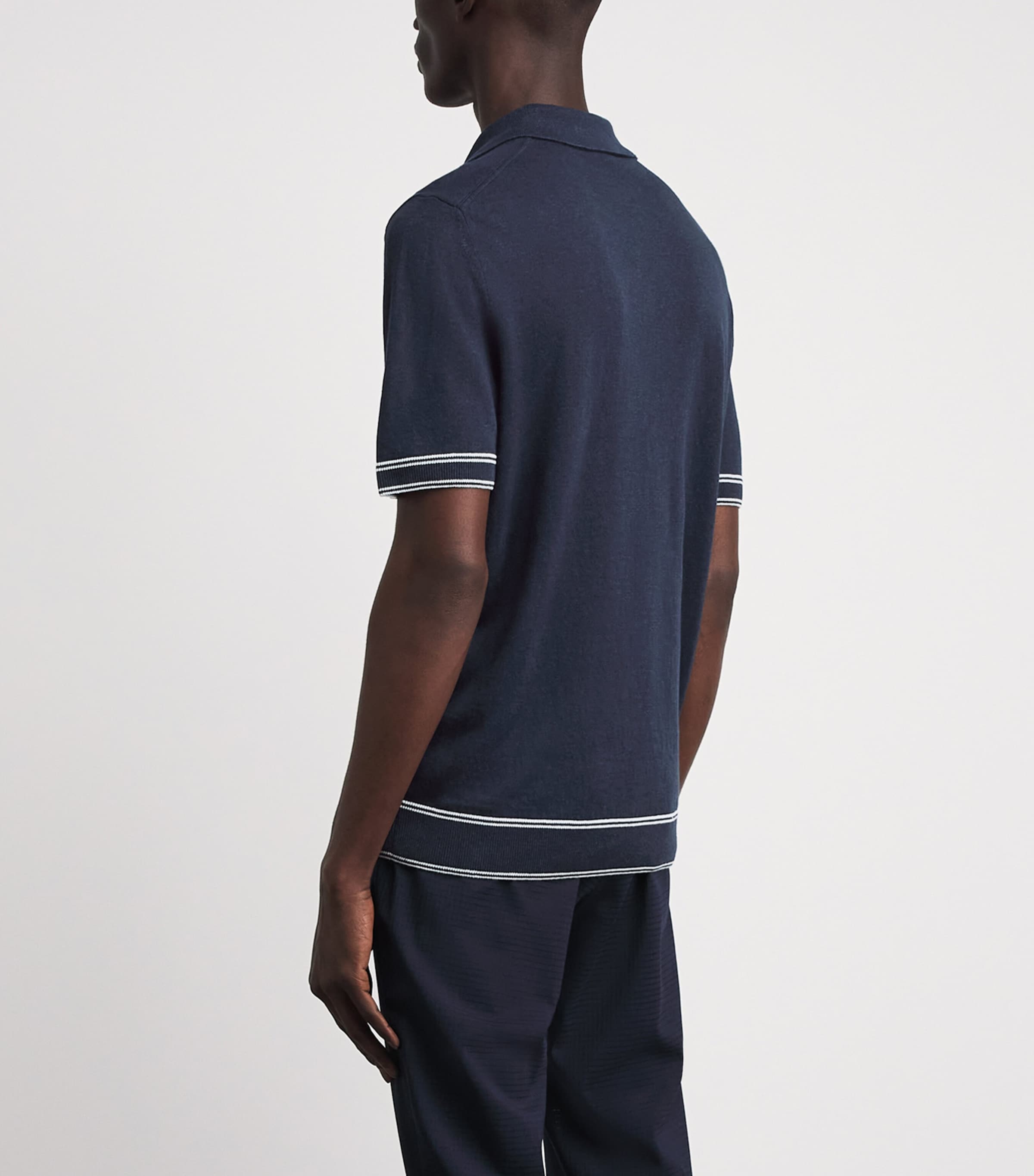 BOSS Mens Linen-Blend Zip-Up Polo Shirt Dark Blue Image 5