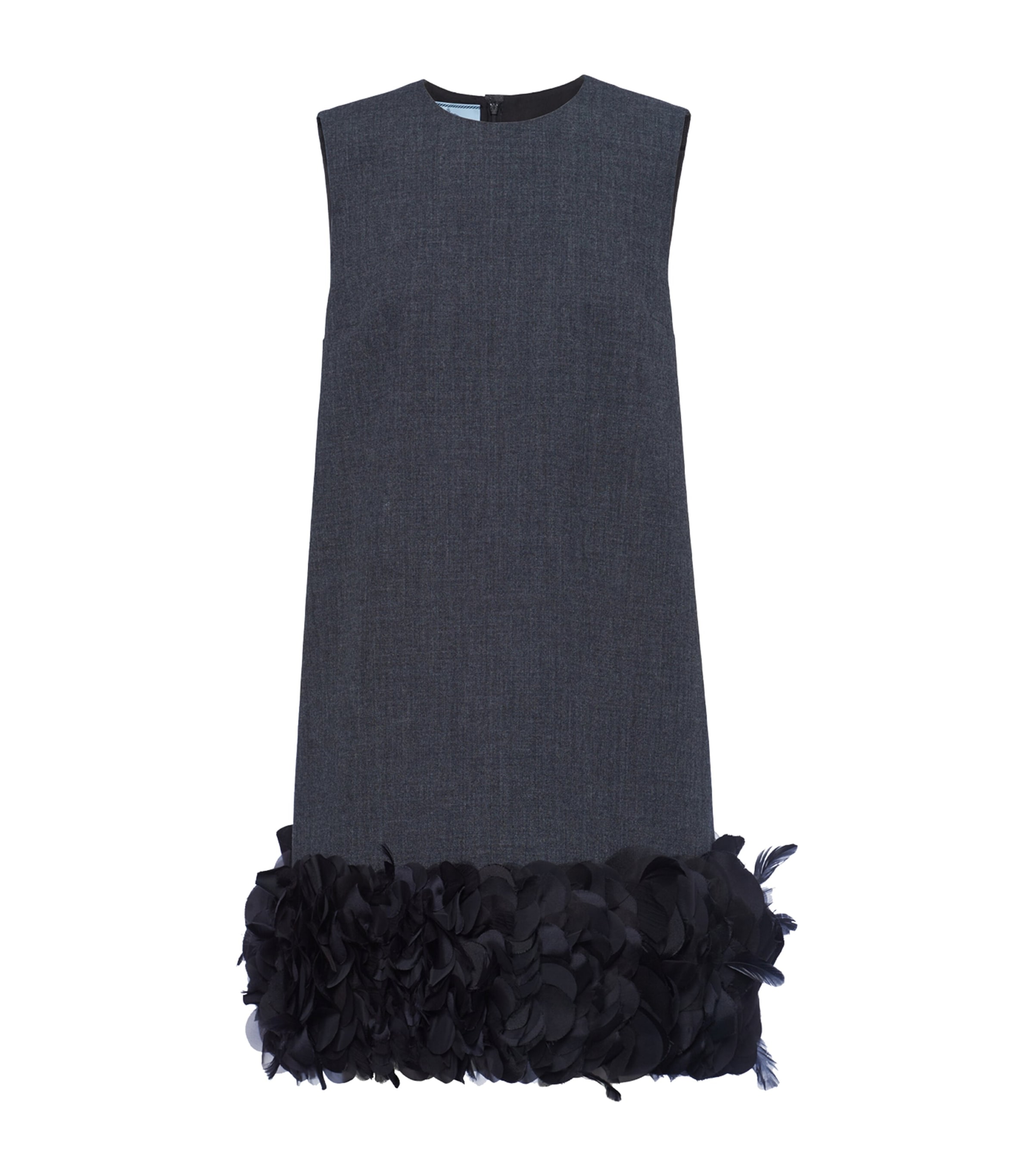Prada Mat Feather-hem Mini Dress With Crystal Buttons In Grey