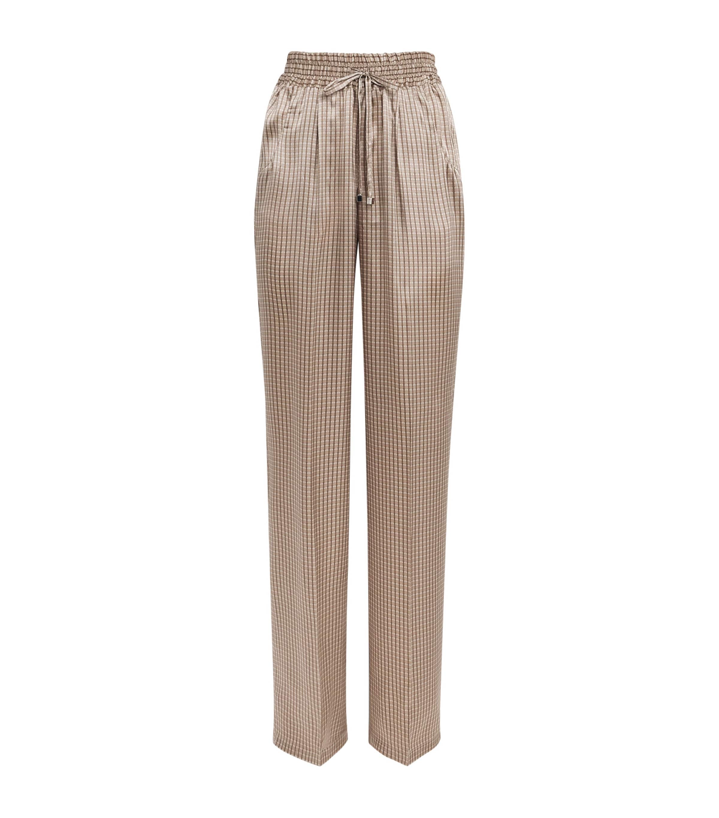 Kiton Womens Silk Printed Pleated Drawstring Trousers Light Brown Print Image 1
