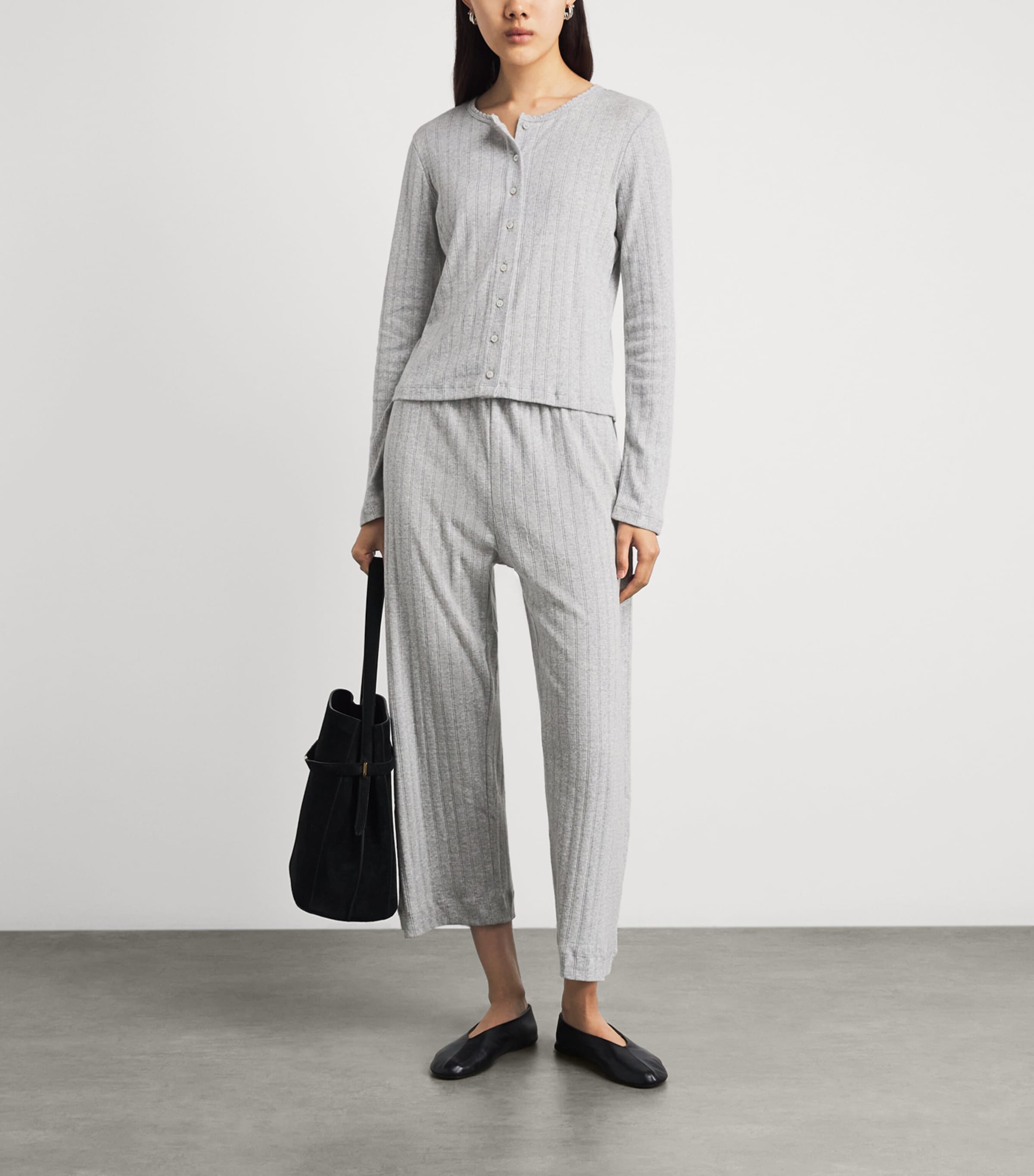 LESET Womens Cotton Pointelle Cardigan Light Grey Melange Image 2