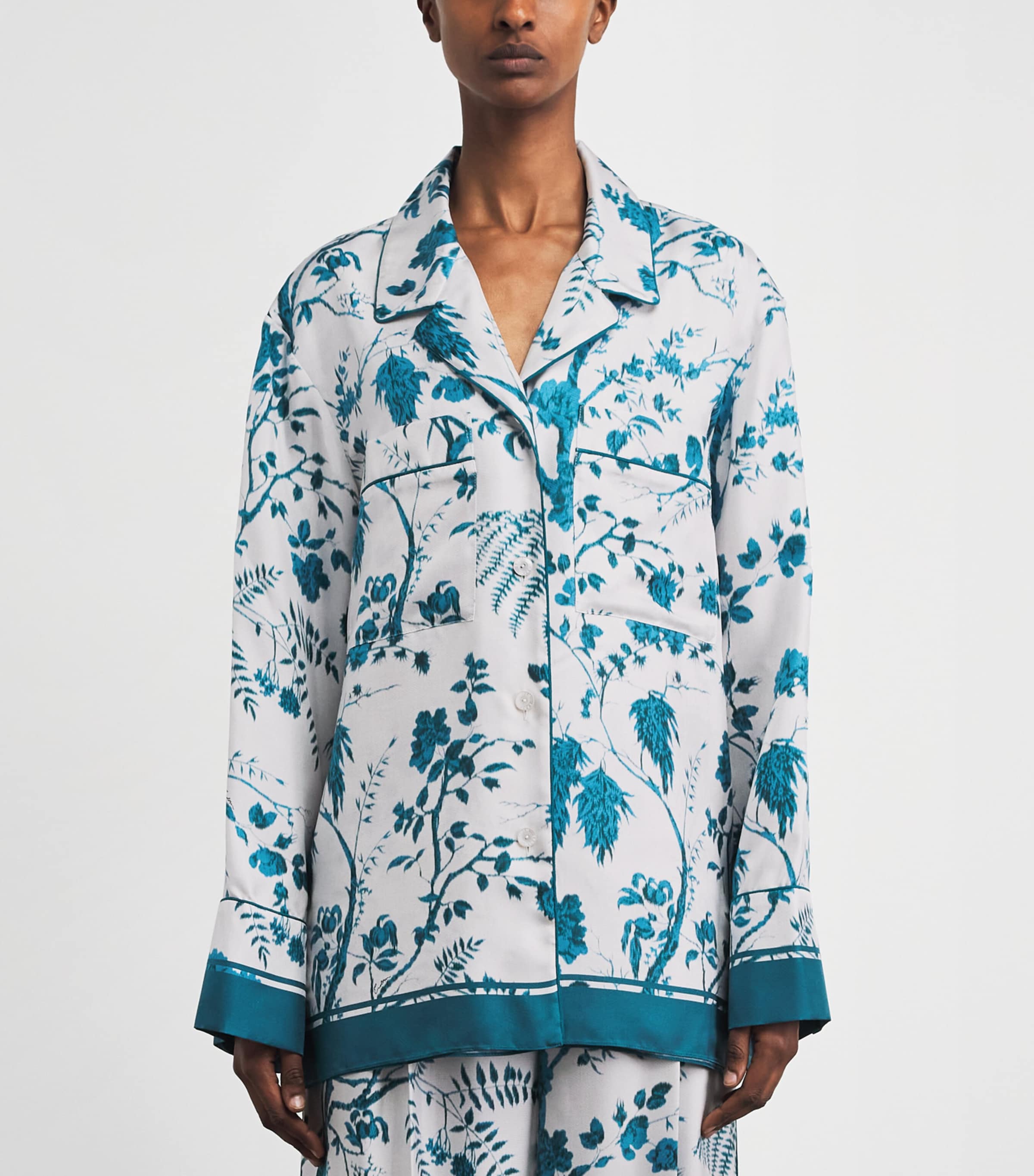 Erdem Womens Silk Printed Pyjama Shirt Wld Frn Btncl Drm Bl Image 4
