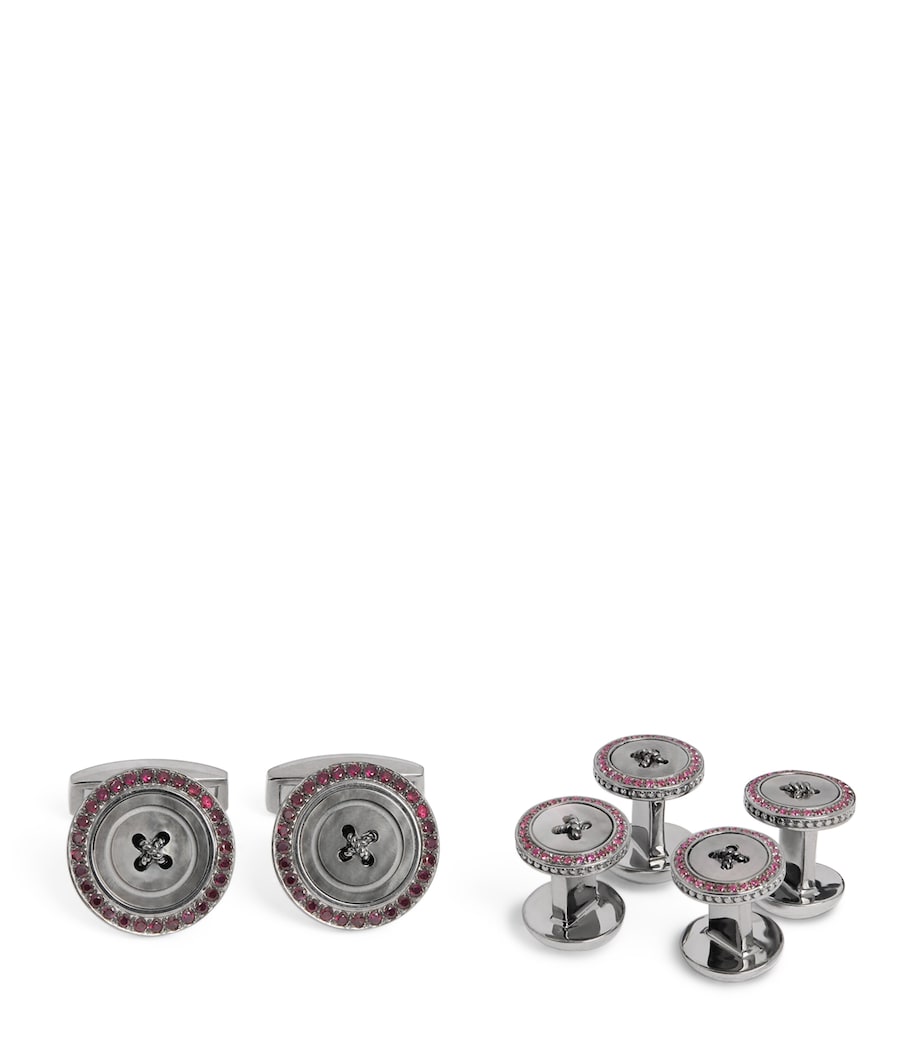 Silver Ruby-Embellished Button Cufflink and Stud Set RED Image 1