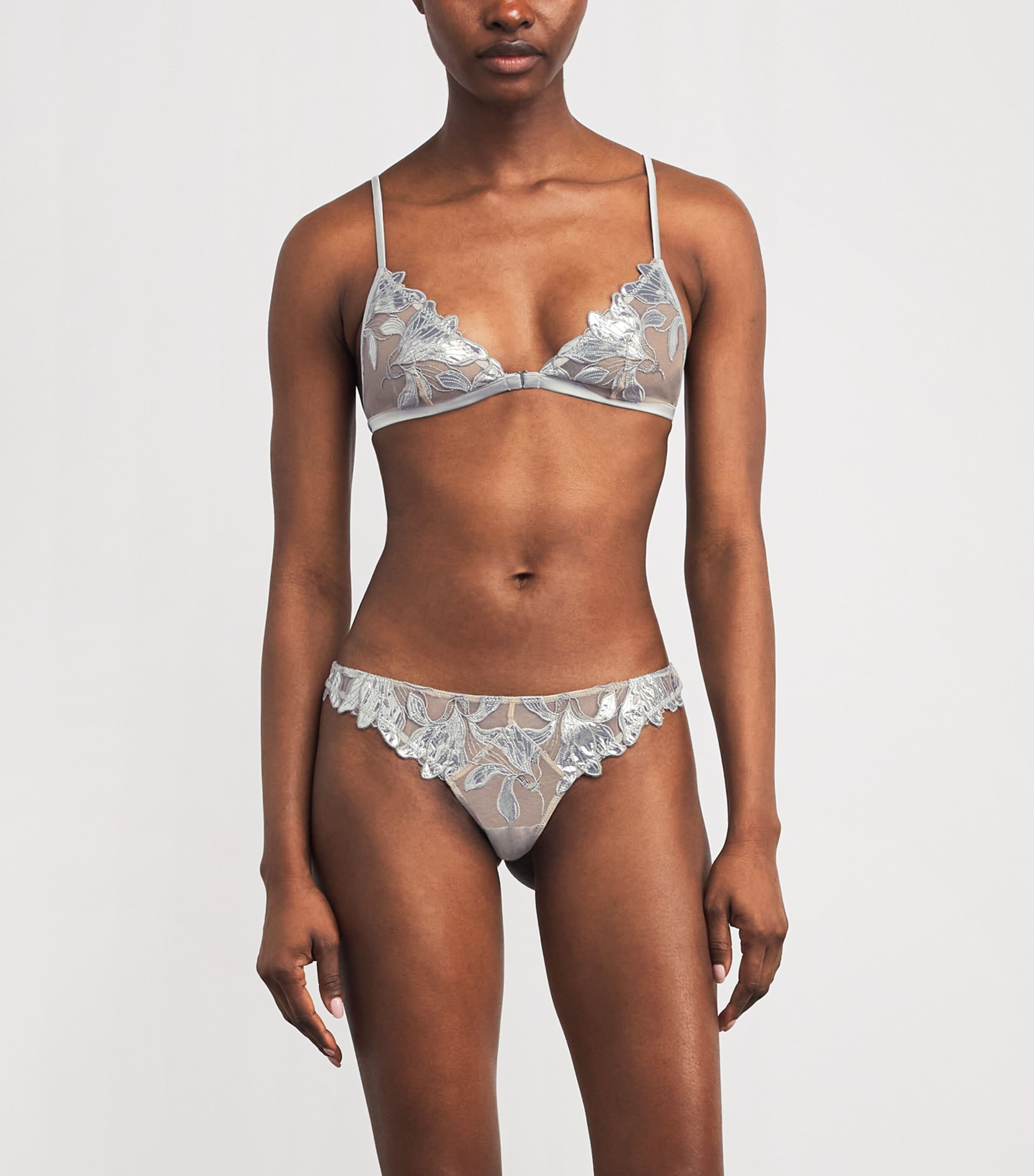 Fleur Du Mal Womens Embroidered Lily Triangle Bra Platinum Image 2