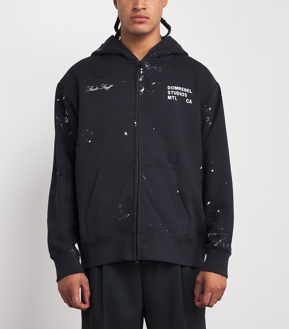 DOMREBEL Mens Cotton Paint-Splatter Staff Zip-Up Hoodie Old Black Image 3