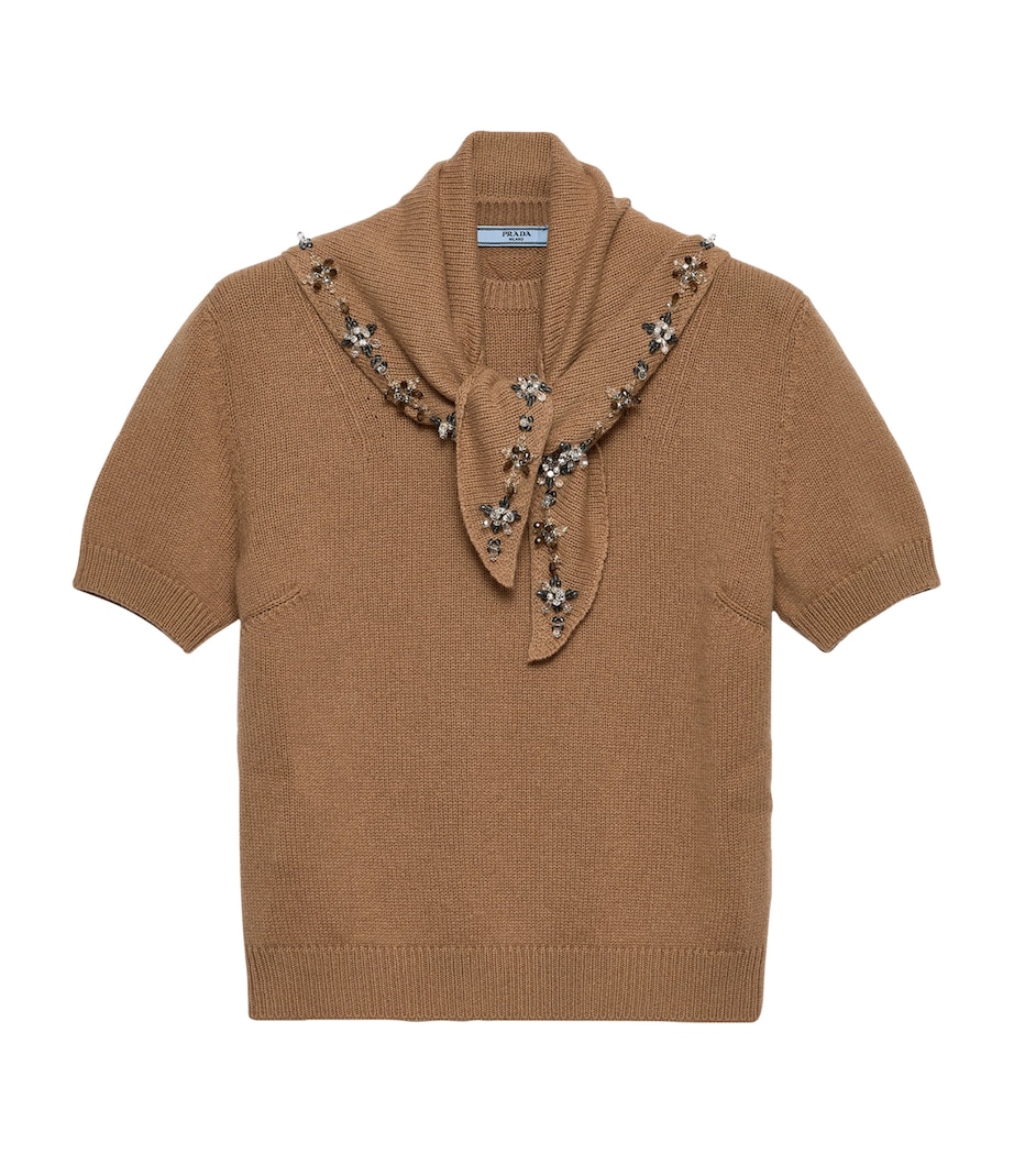 Prada Womens Cashmere Embellished Scarf-Detail Sweater Brown Image 1