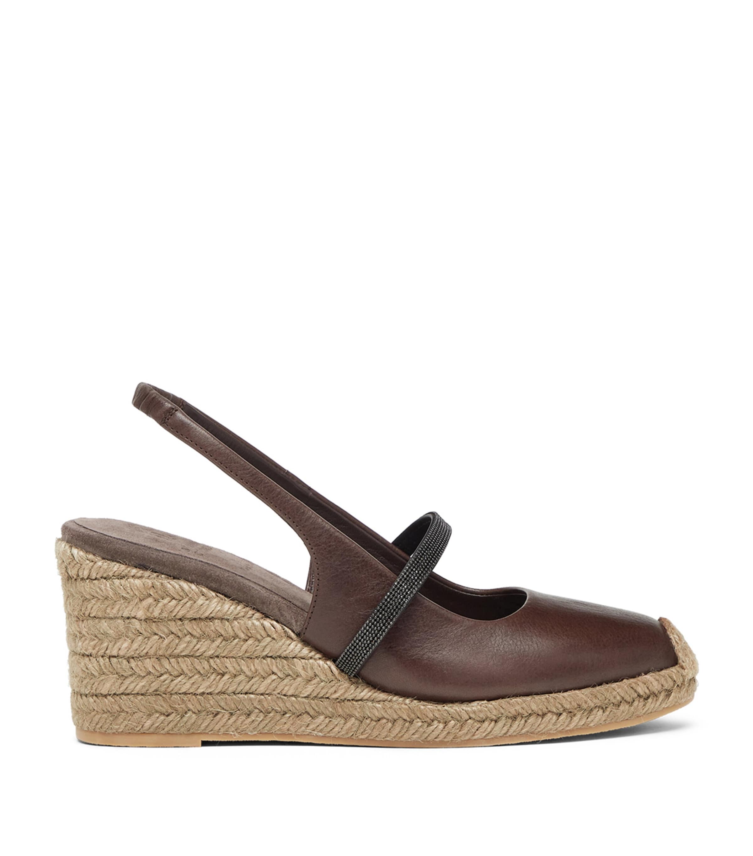 Brunello Cucinelli Leather Precious Strap Espadrille Wedges 60 In Brown