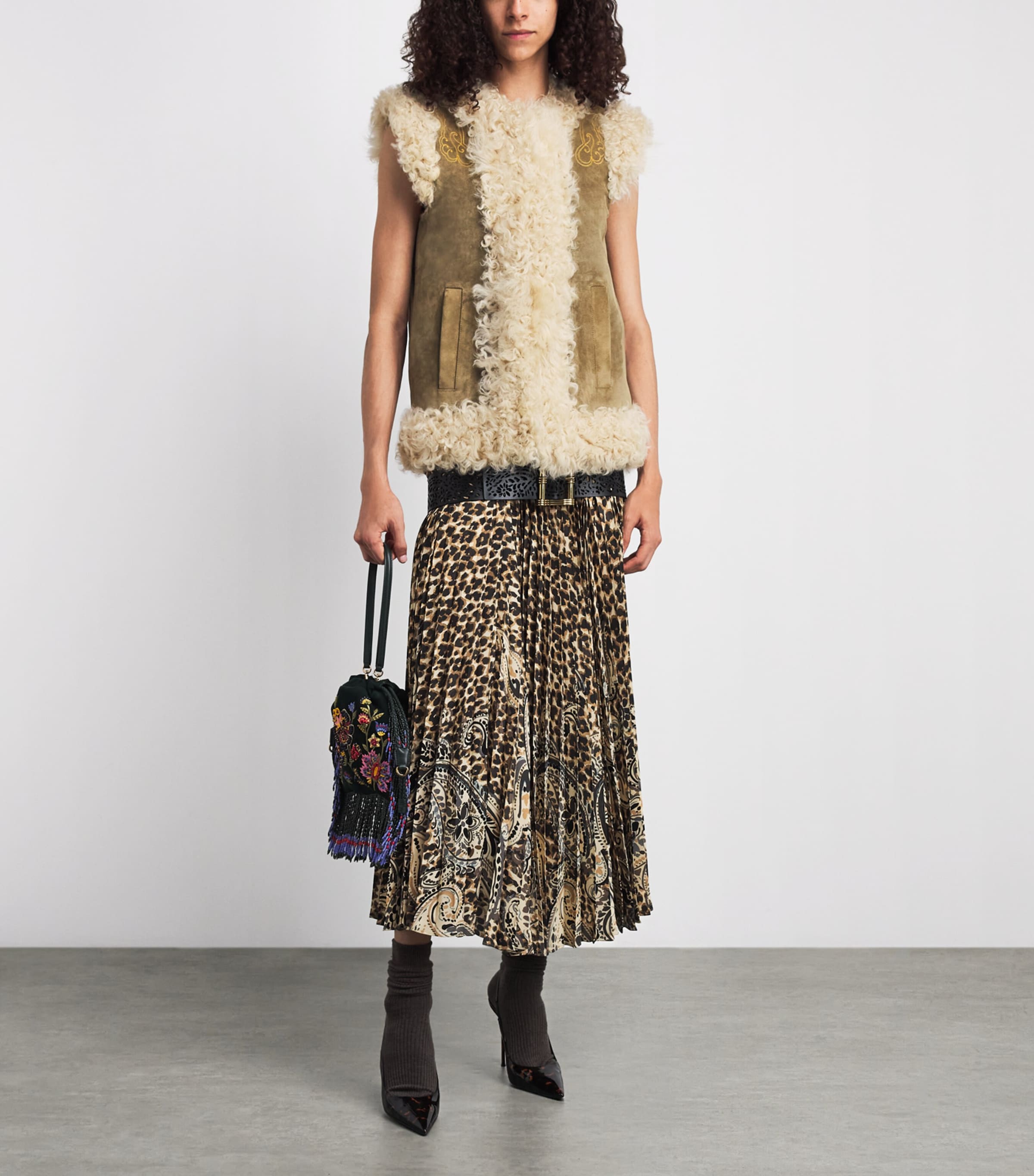 Etro Womens Shearling Embroidered Gilet Marrone Image 2