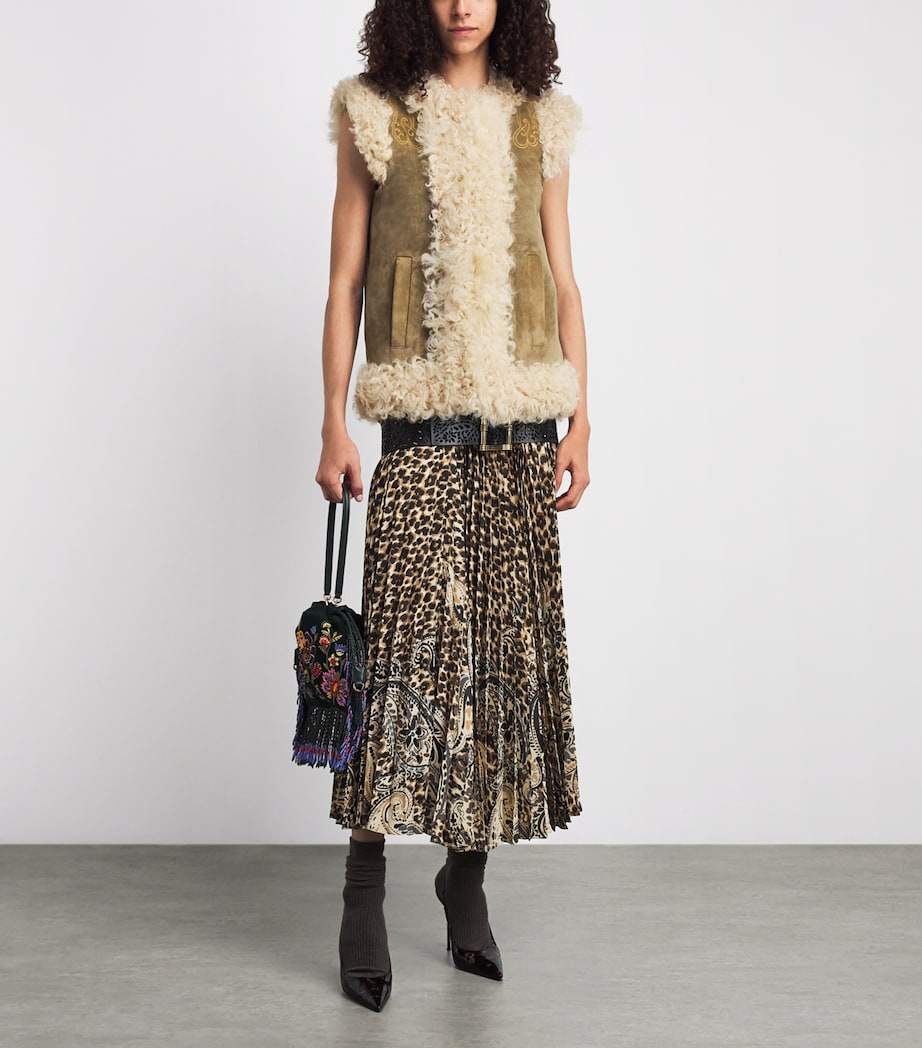 Etro Womens Shearling Embroidered Gilet Marrone Image 2
