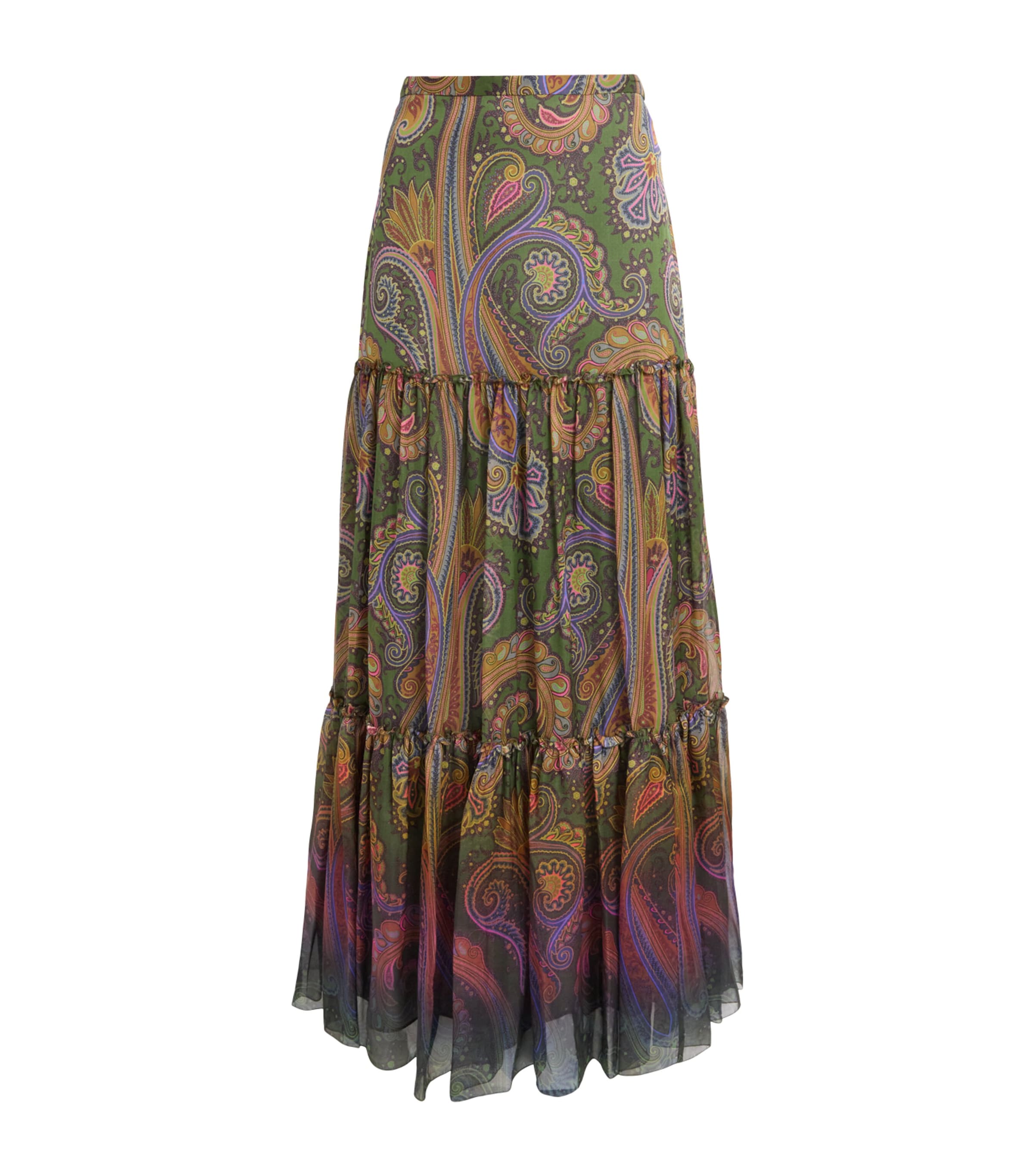 Etro Womens Silk Paisley Tiered Maxi Skirt Green Image 1