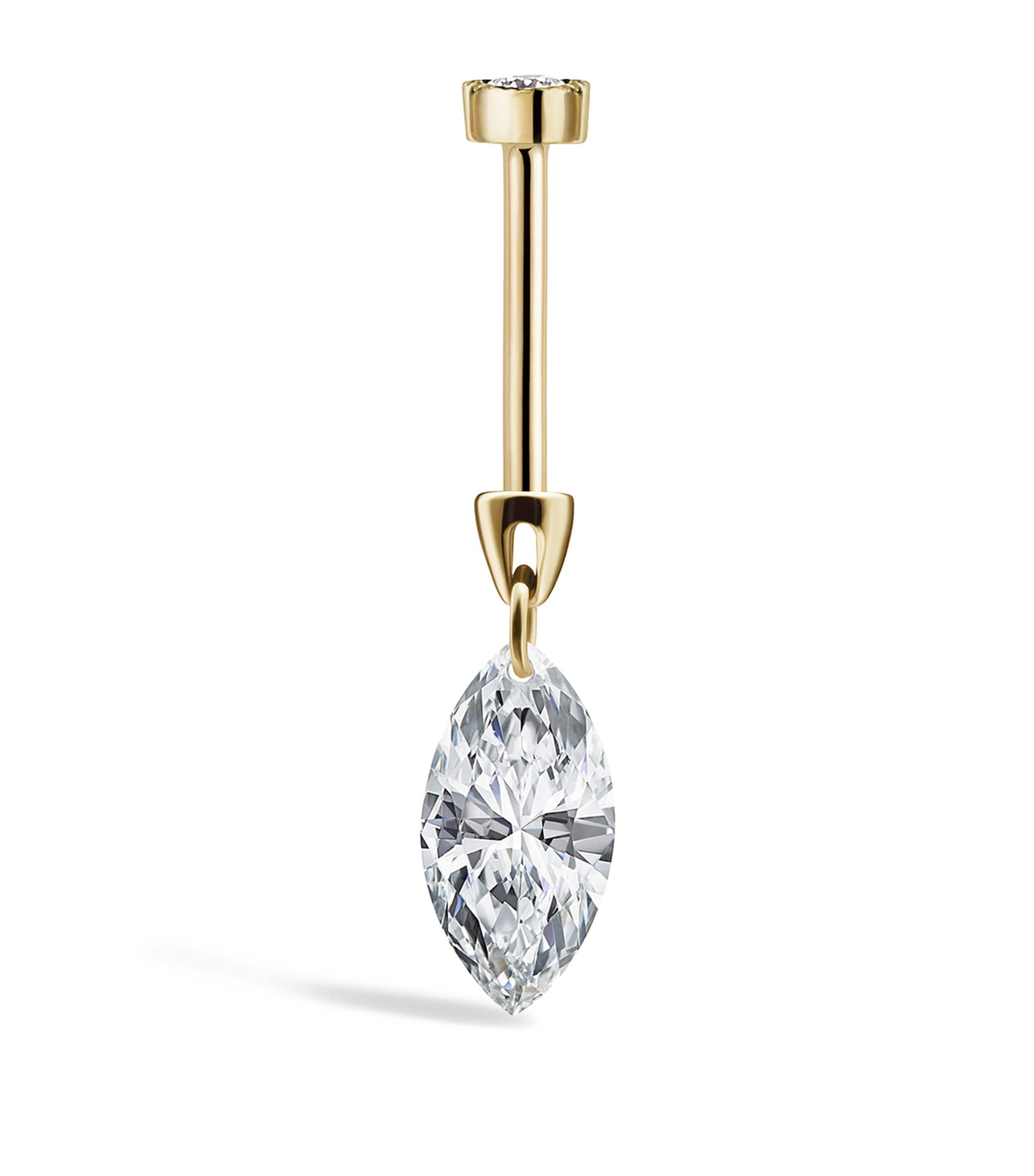 Yellow Gold Floating Marquise Diamond Charm Threaded Stud Earring (6mm) YELLOW GOLD Image 2