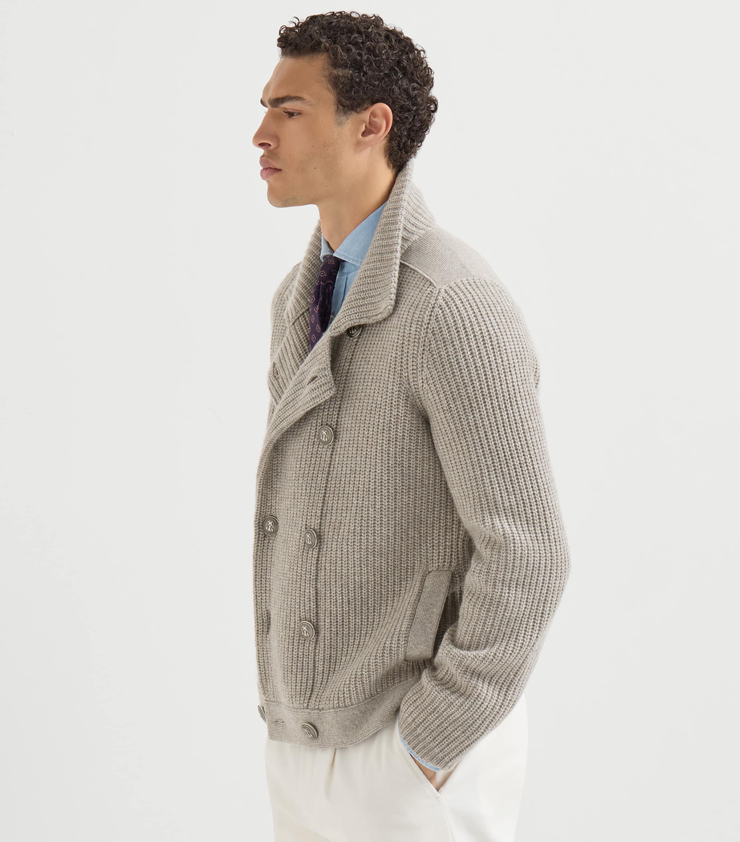 Brunello Cucinelli Mens Cashmere Double-Breasted Cardigan Stone Image 2