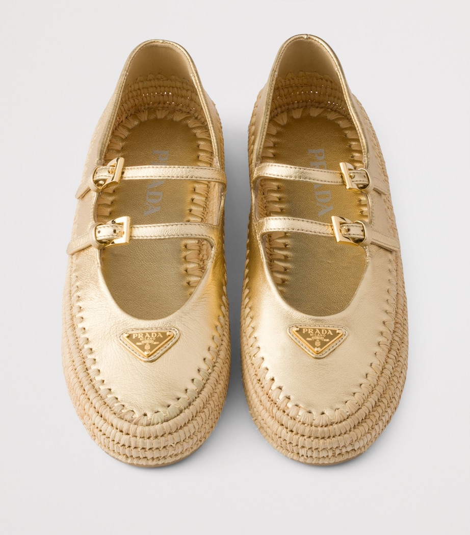 Prada Metallic Leather and Raffia Ballet Flats Gold/silver Image 3
