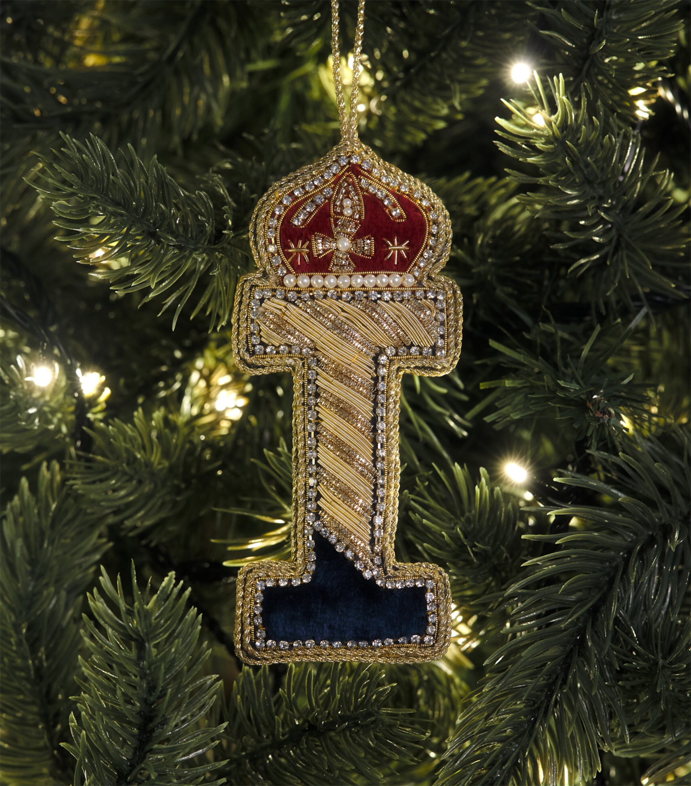 Tinker Tailor Velvet Crystal Letter I Tree Decoration Navy, Gold & Wine Image 3