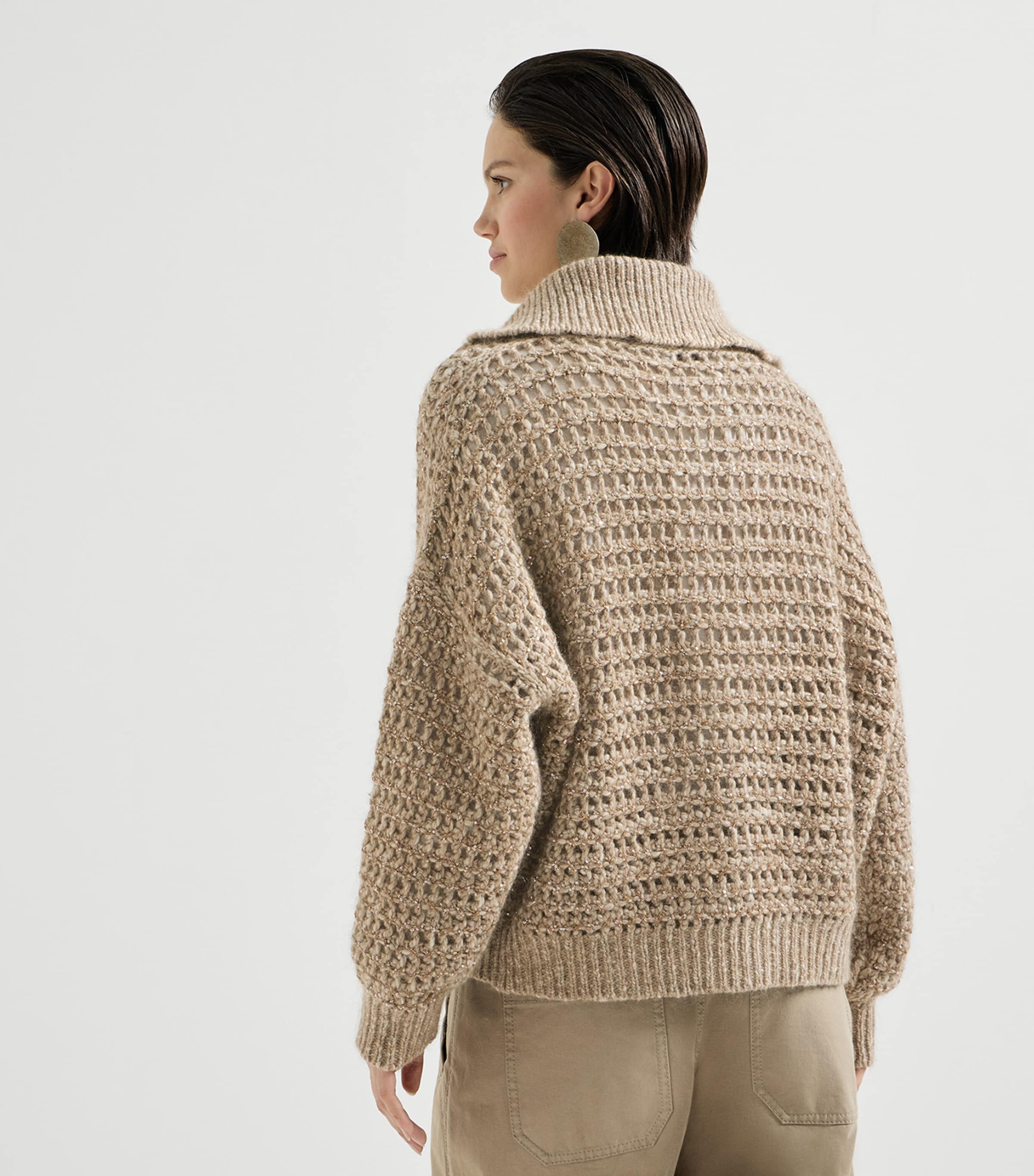 Brunello Cucinelli Womens Wool-Cashmere-Blend Embellished Cardigan Beige+brown Image 3