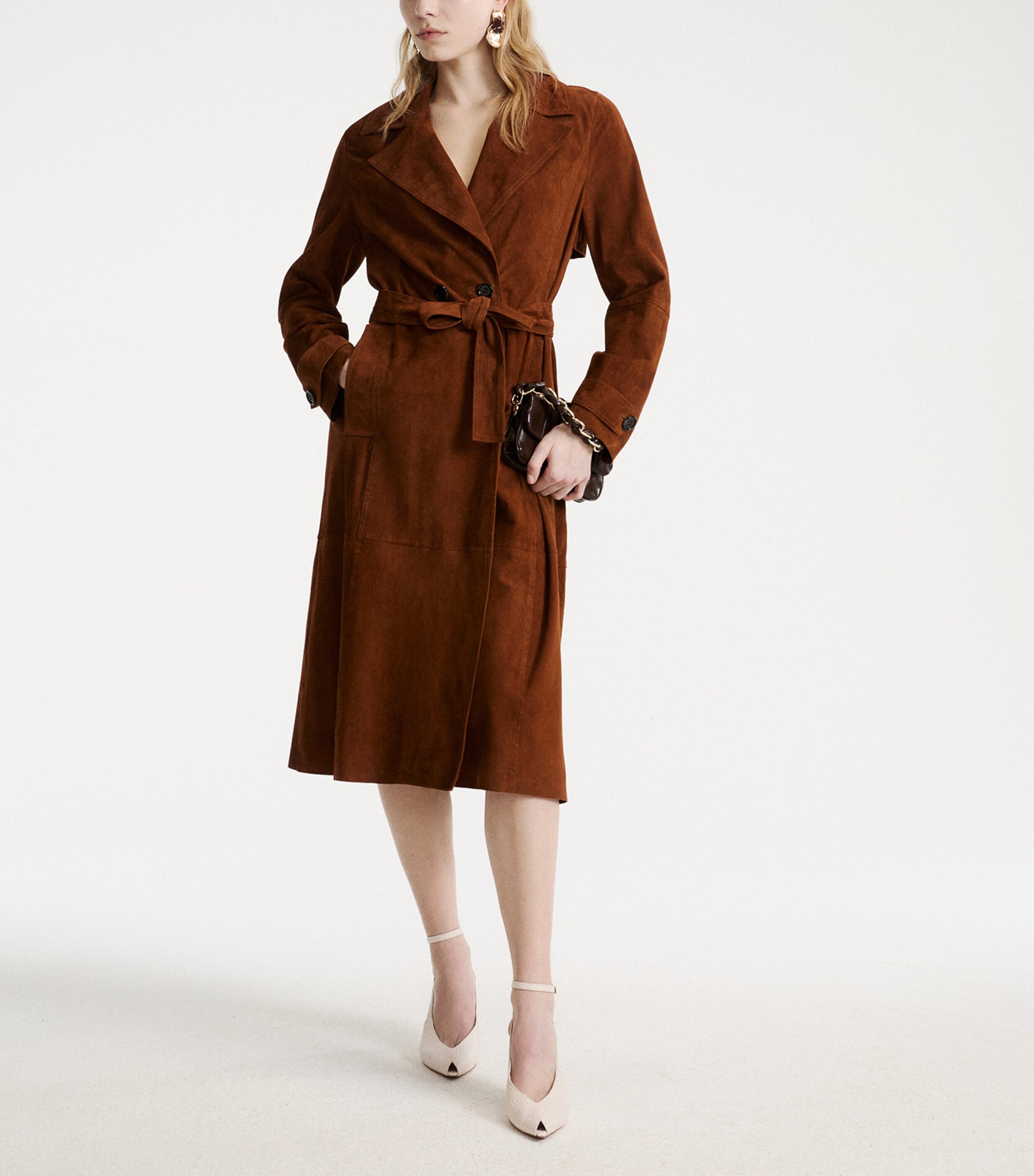 Marella Womens Suede Belted Coat Cognac Image 2