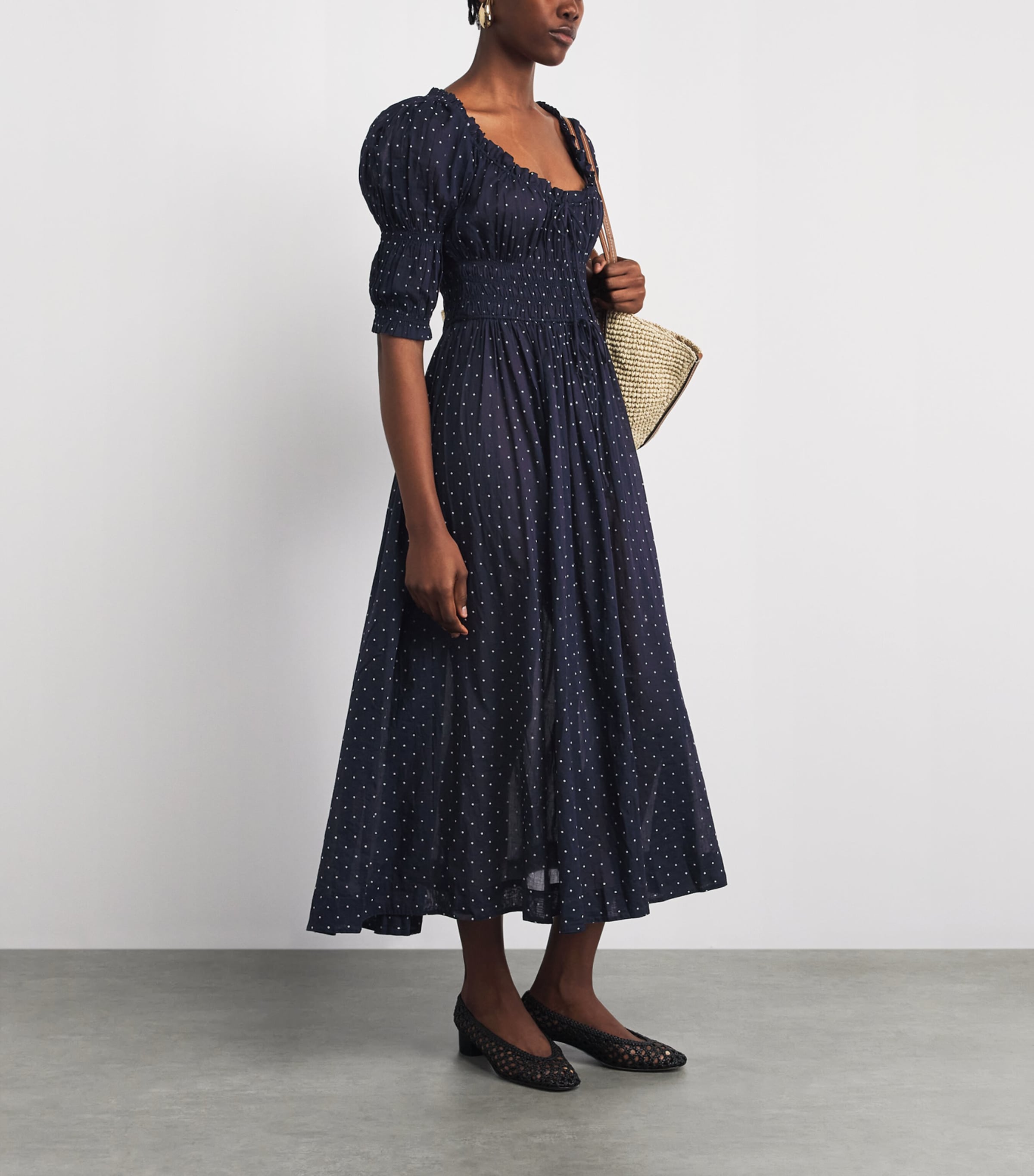 DÔEN Womens Organic Cotton Polka-Dot Ischia Maxi Dress Navy Flock Dot Image 2