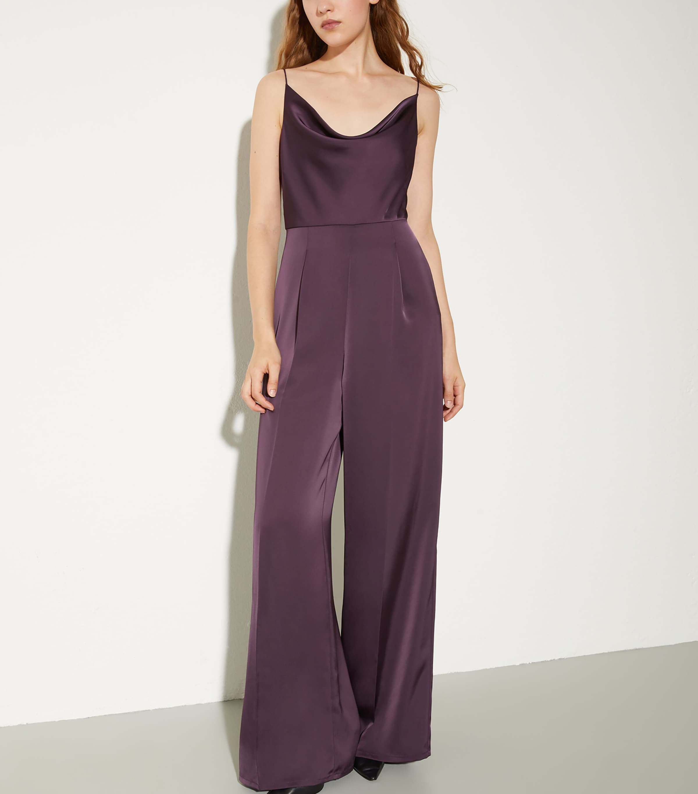 MAX&Co. Womens Satin Cowl-Neck Jumpsuit Aubergine Image 2