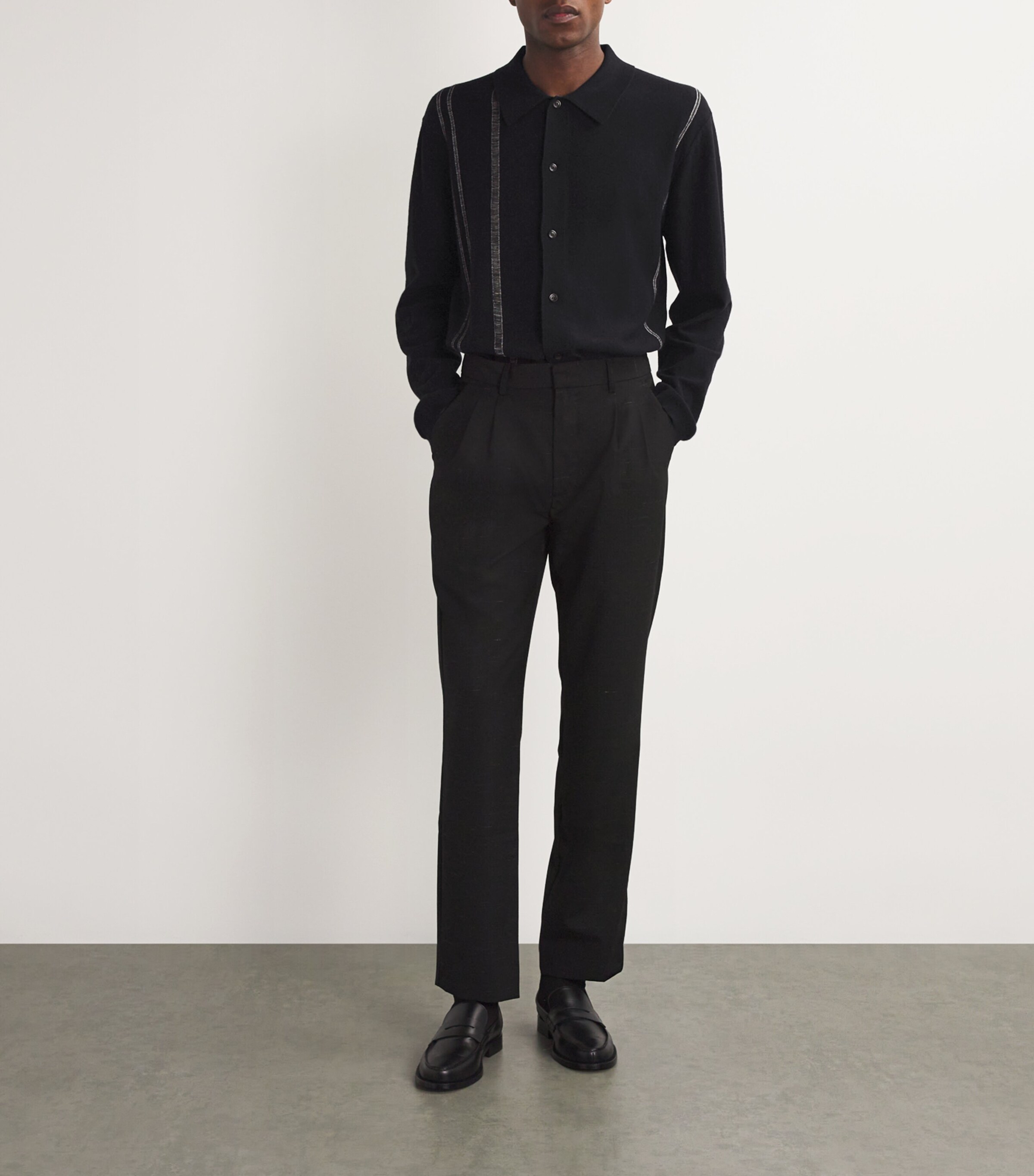 Cotton-Cashmere Yarn Stripe Cardigan BLACK Image 2