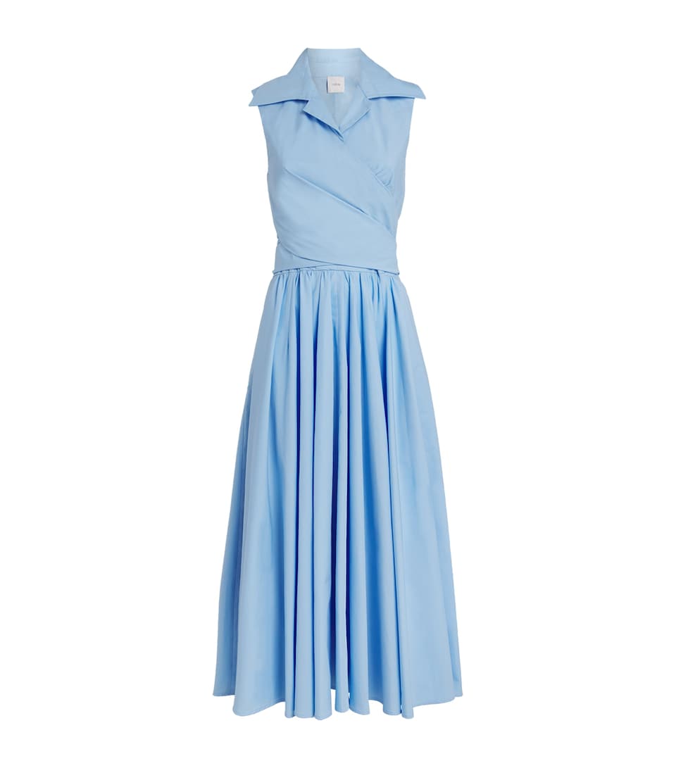 Patou Organic Cotton Draped Sleeveless Midi Dress Riviera Blue