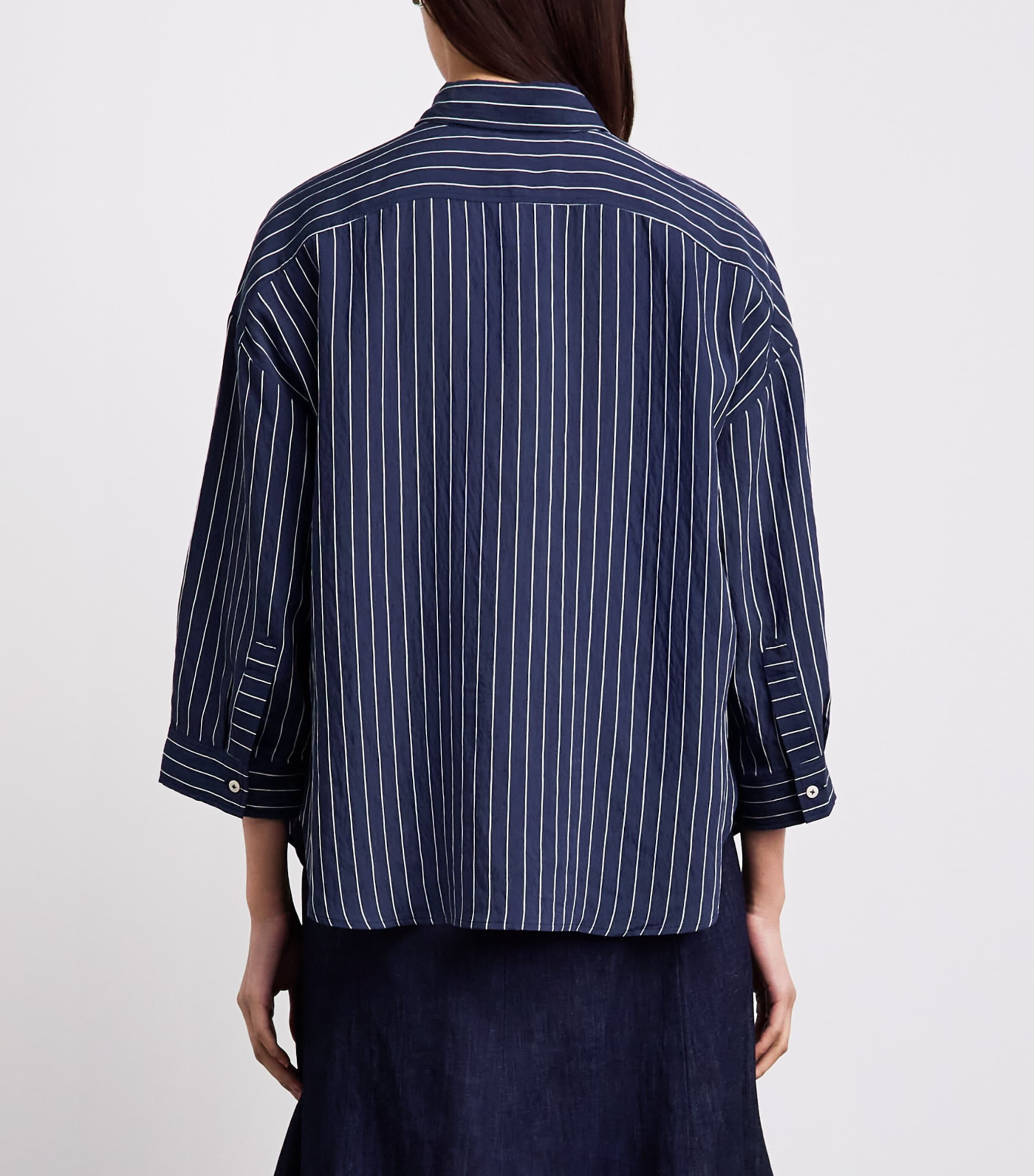 ME+EM Womens Cotton Voile Cropped-Sleeve Shirt Blue/white Image 5